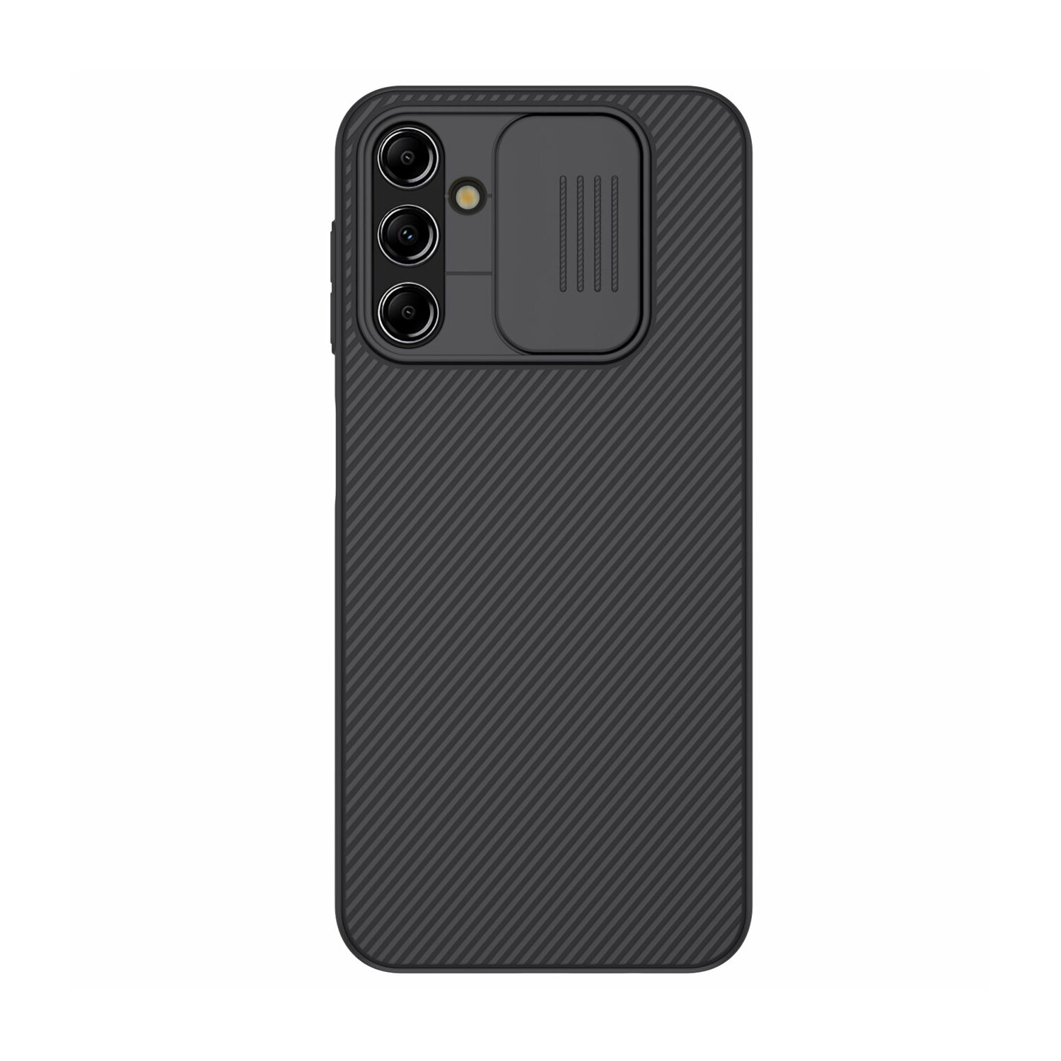 Schwarze Smartphone-Hülle mit Kameraabdeckung und drei Kameralinsen.