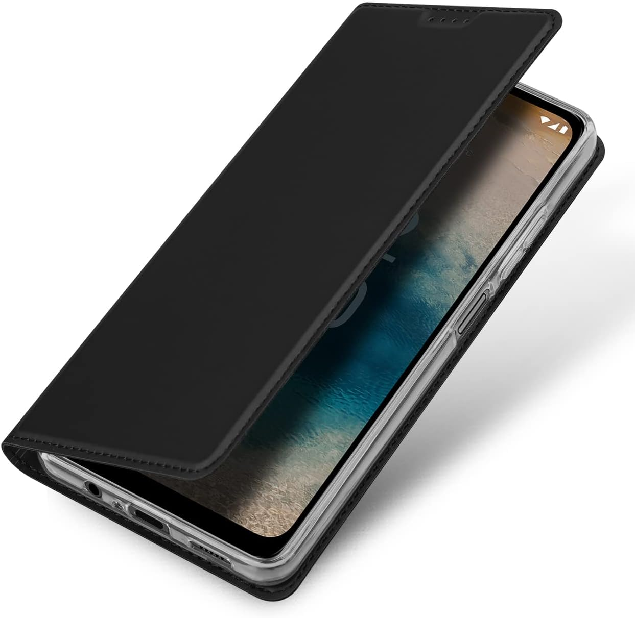 Schwarze Handyhülle geöffnet, zeigt ein Telefon im Inneren. Schwarze Hülle, silberner Rahmen.
