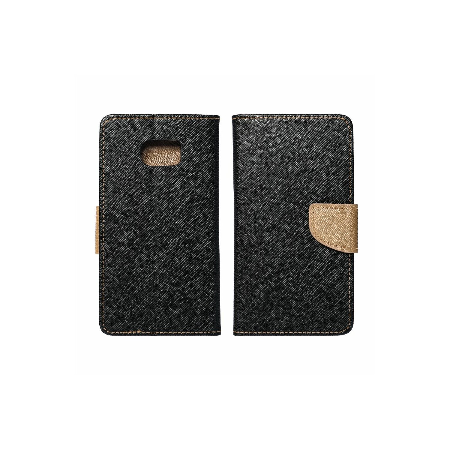Custodia per telefono nera e beige, aperta. Mostra l'interno, con fessure per carte.