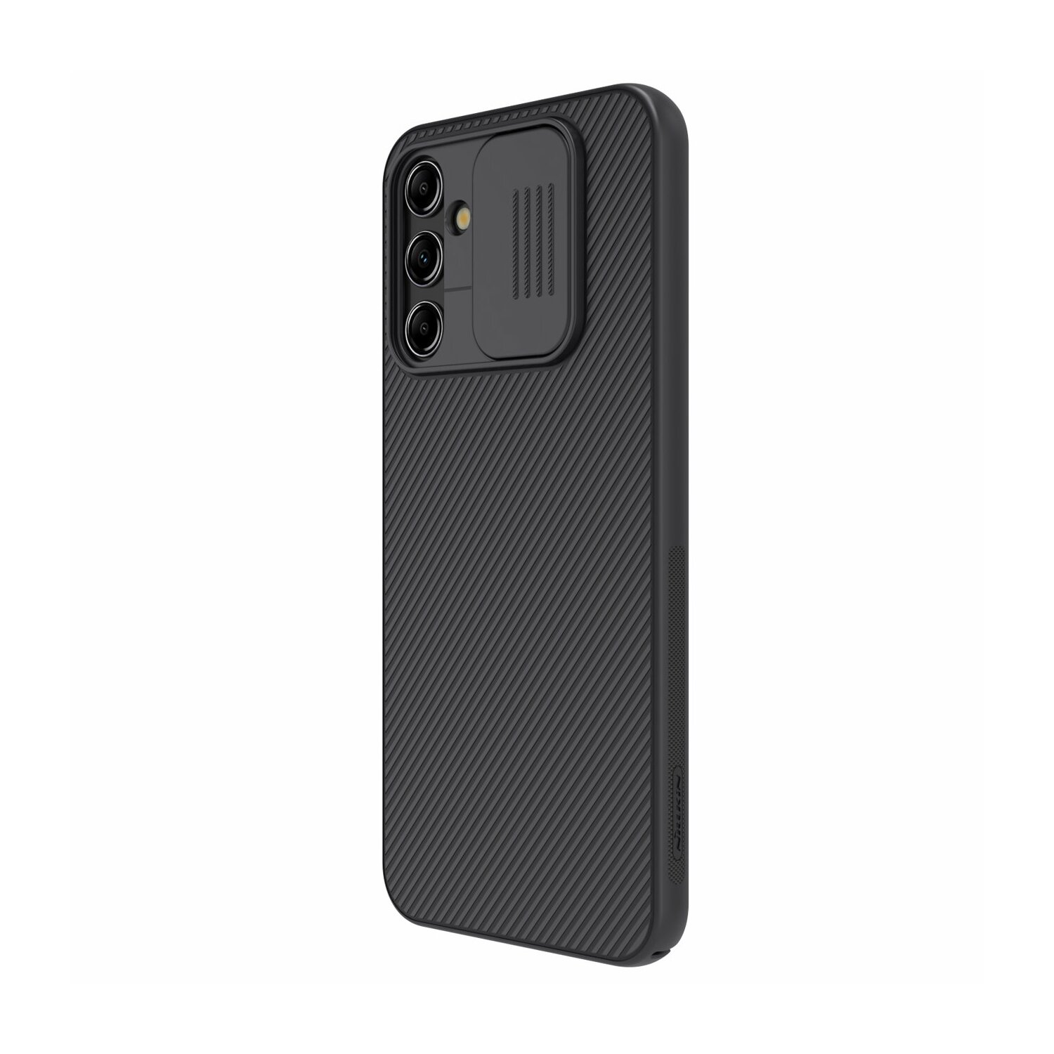 Schwarze Telefonhülle mit Kameraausschnitten. Strukturierte Rückseite. Schräge Ansicht.