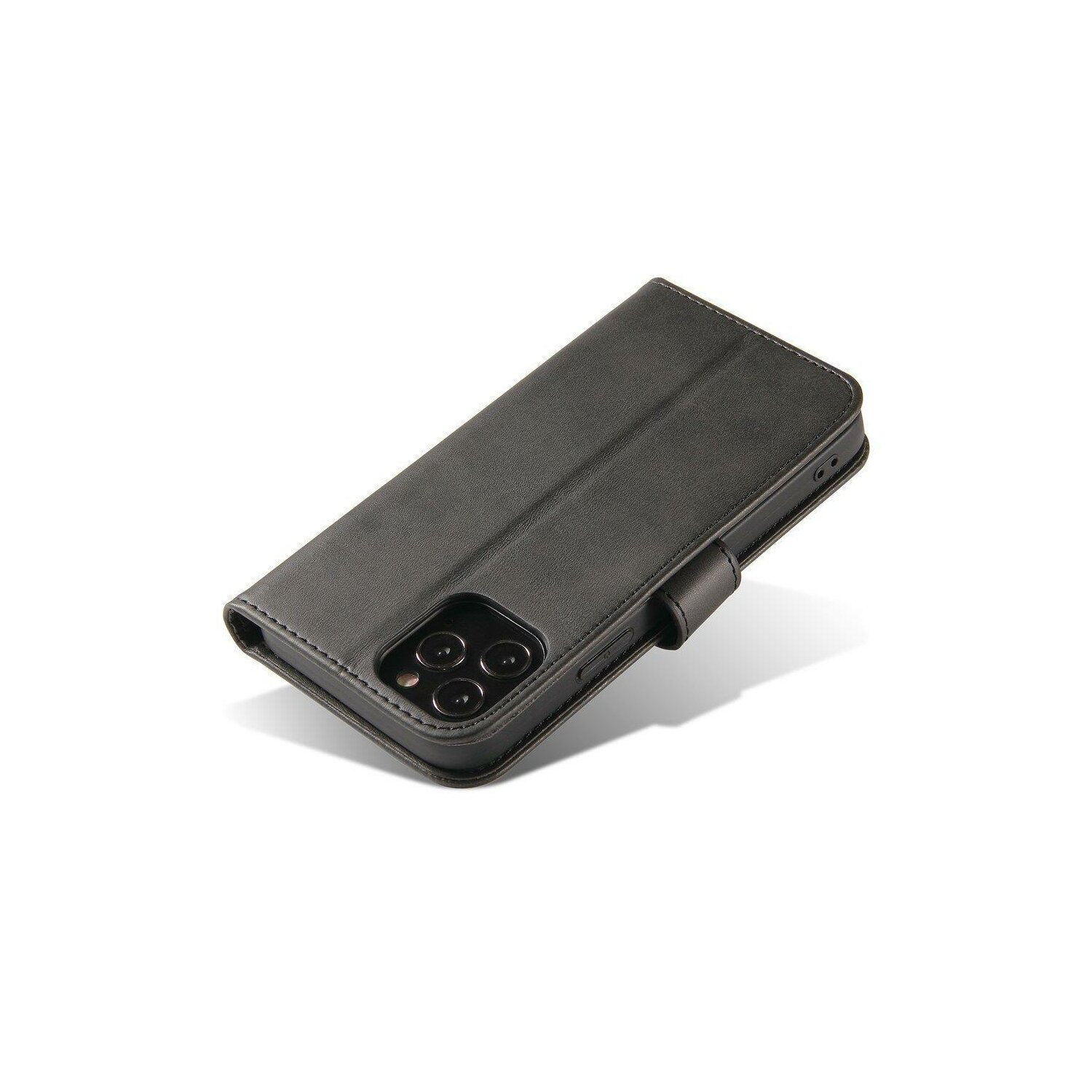 Custodia per telefono nera, chiusa. La custodia ha una superficie liscia e una chiusura magnetica.