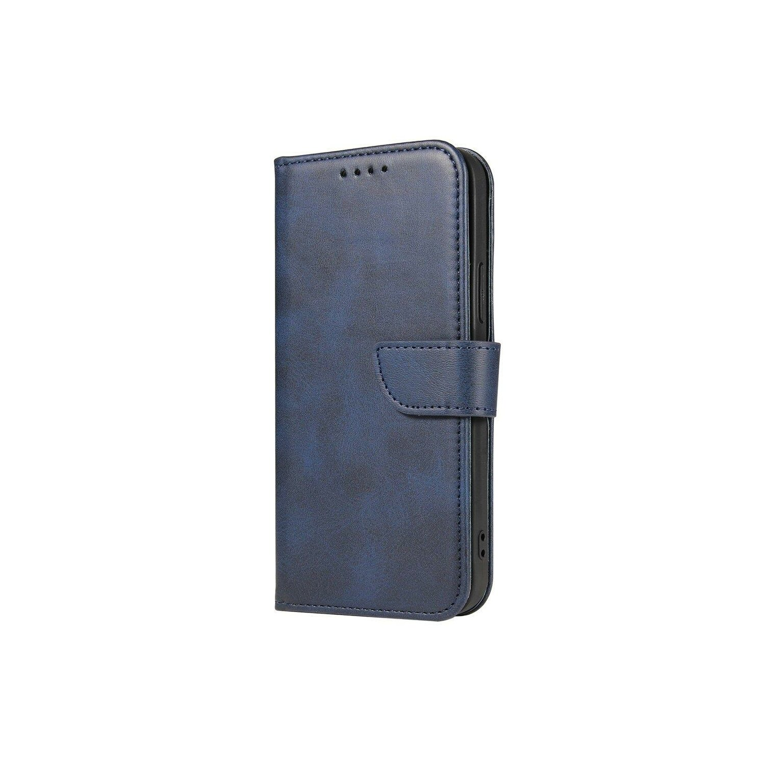 Custodia per telefono in pelle blu con chiusura magnetica. La custodia è chiusa.