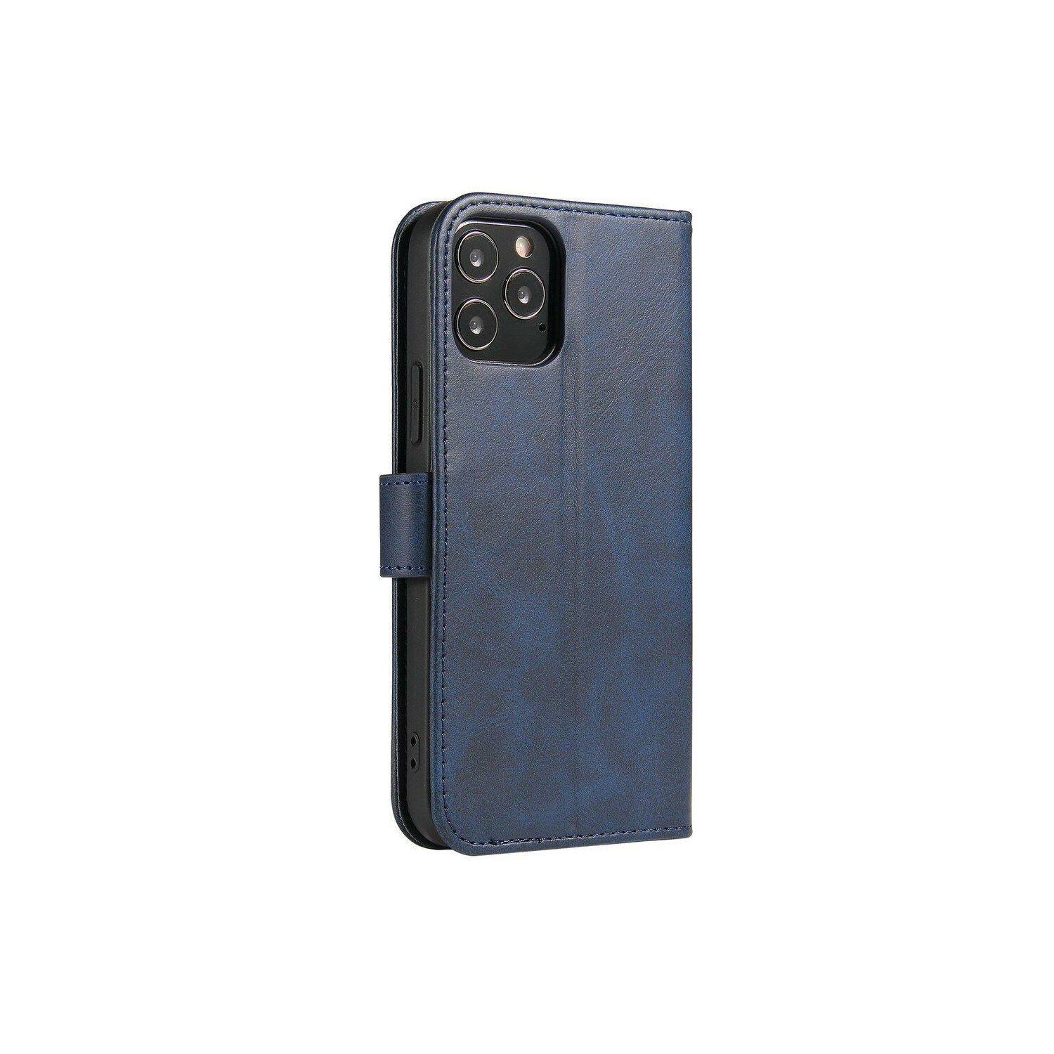 Una custodia per telefono in pelle blu è chiusa, con chiusura magnetica.