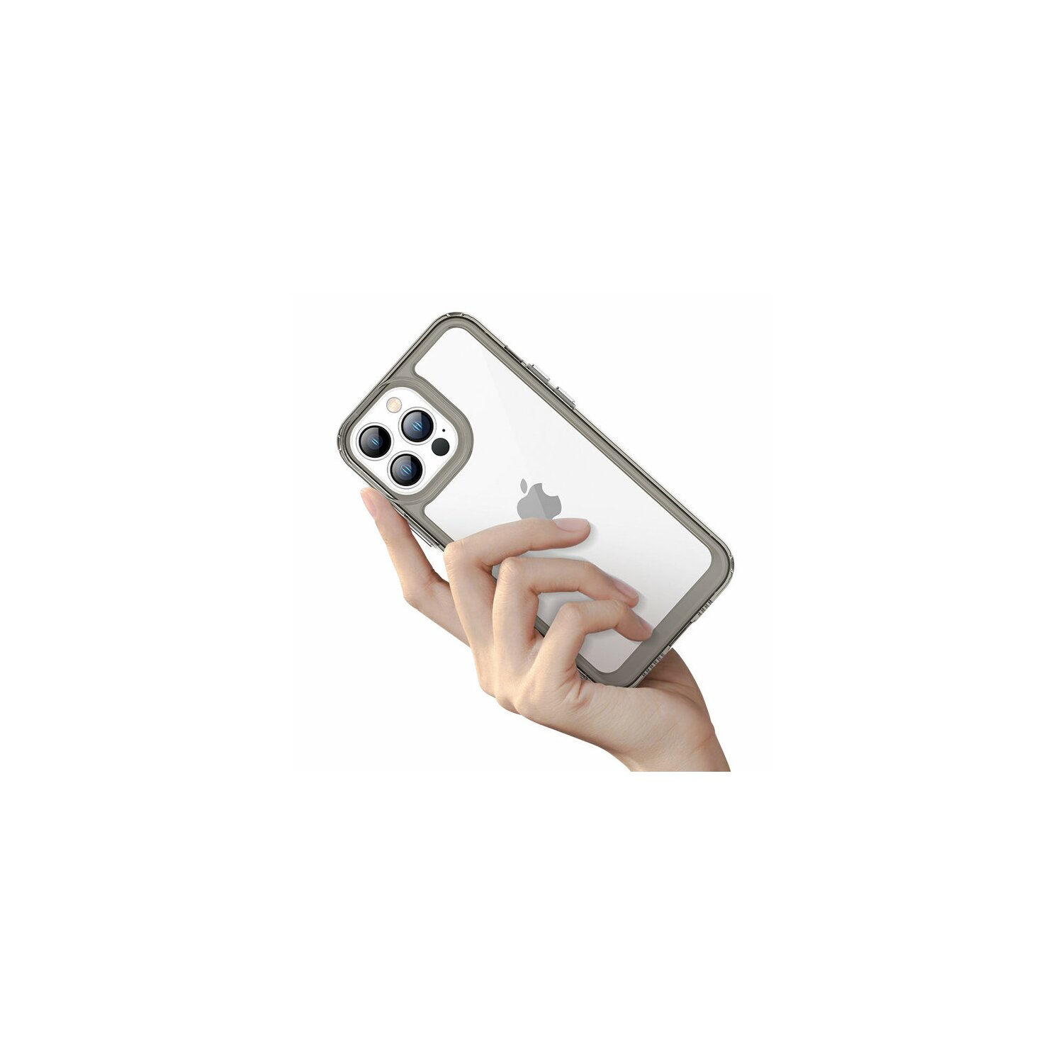Hand hält ein Telefon in einer transparenten Hülle. Hülle hat grauen Stoßfänger, weißer Hintergrund.