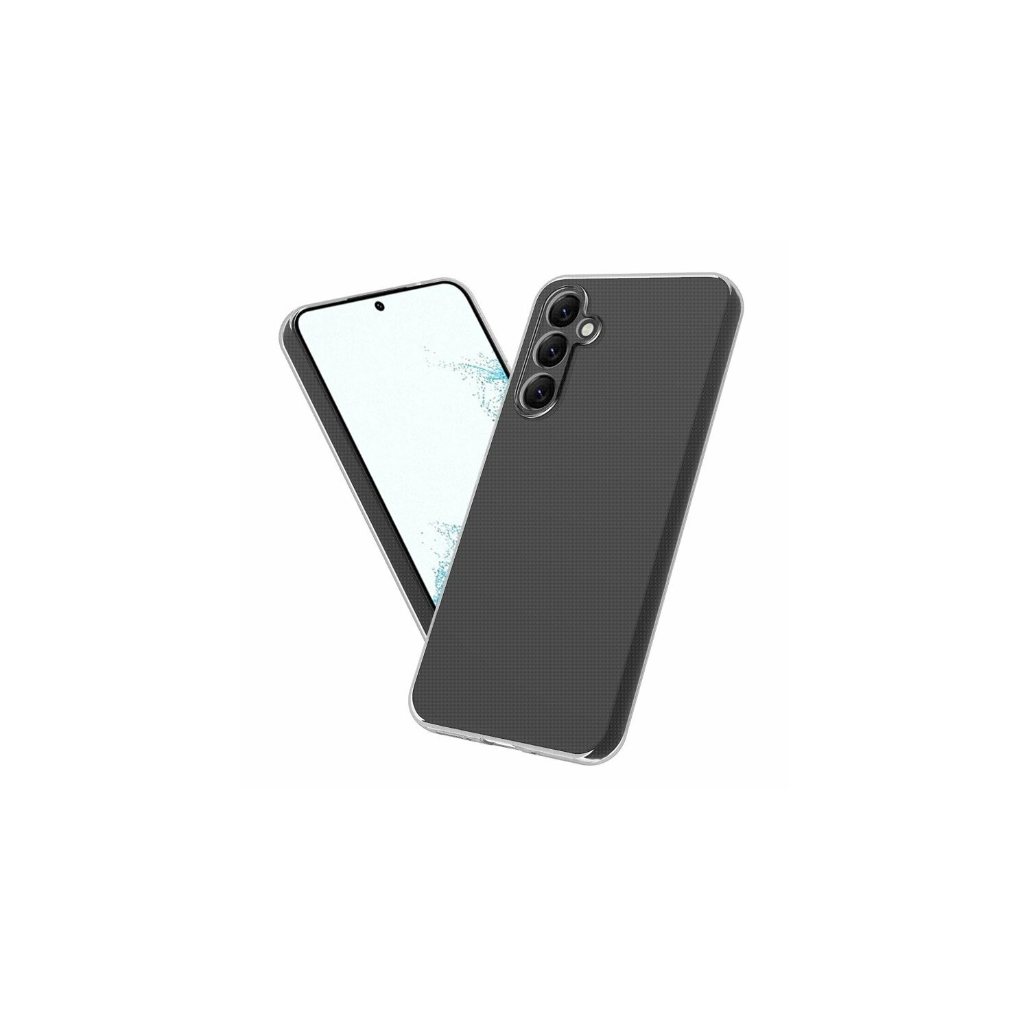 Zwei schwarze Handyhüllen, eine mit Telefon, das einen Bildschirm zeigt, auf weißer Oberfläche.