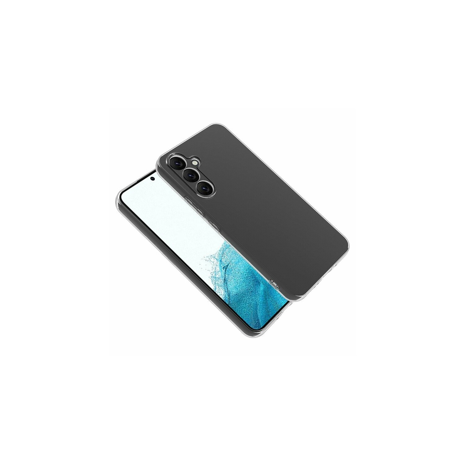 Telefon mit transparenter Hülle, schräge Ansicht. Zeigt Telefon und Hülle separat.