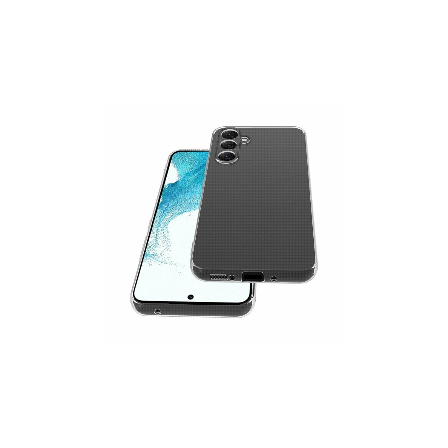 Zwei Telefone sind abgewinkelt, eines mit einer Hülle und das andere mit einem blauen Bildschirm, auf weißem Hintergrund.