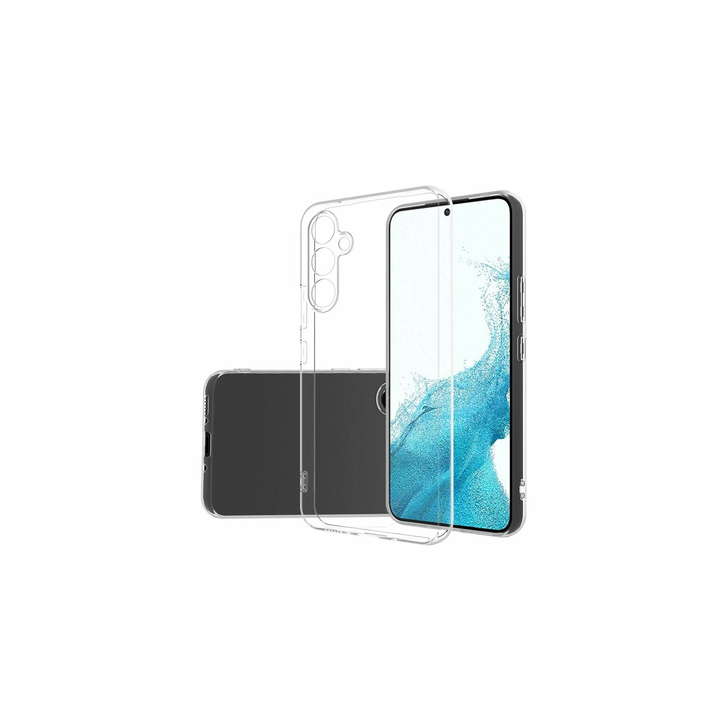 Transparente Handyhülle mit einem Telefon darin. Das Telefon hat einen blau-weißen Hintergrund.