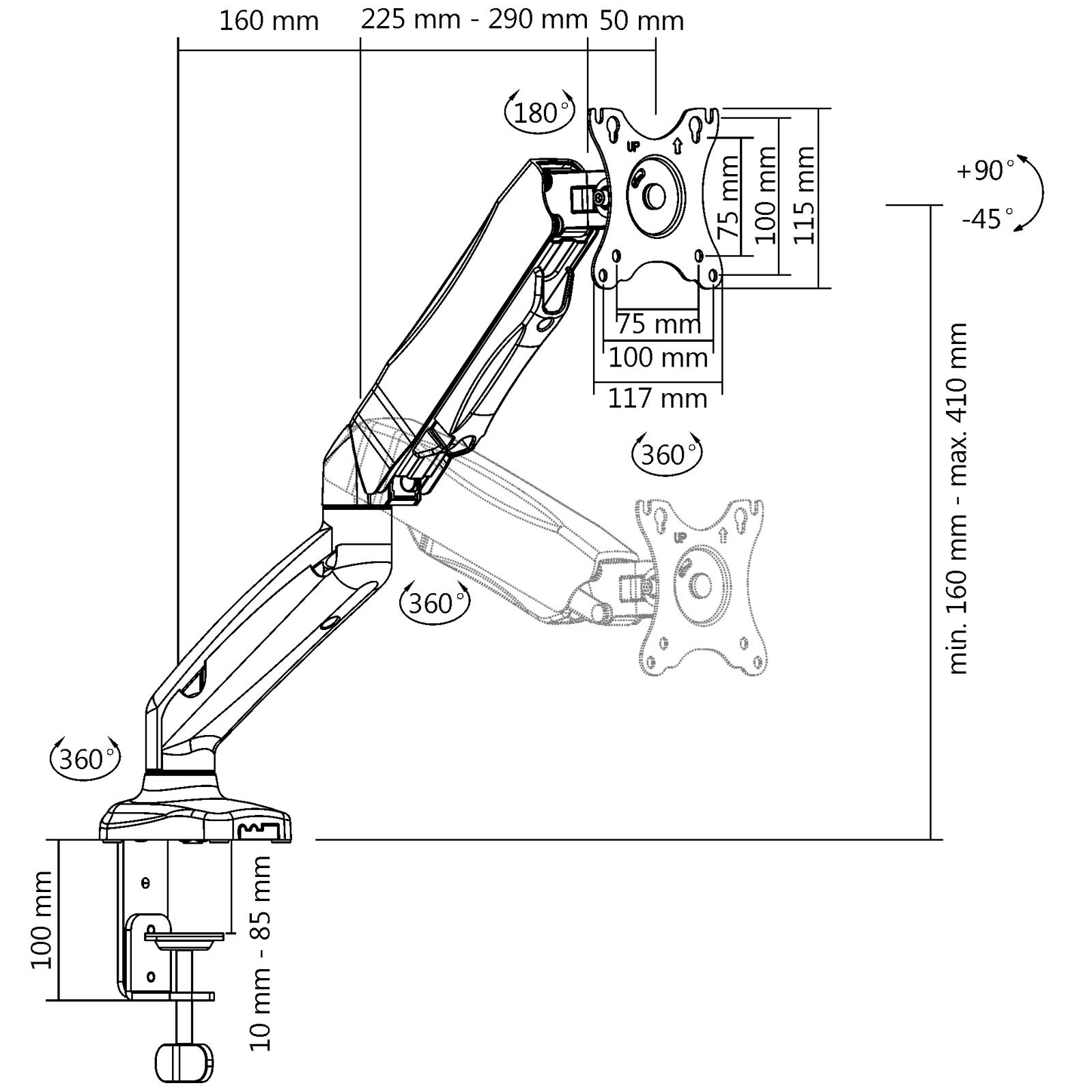 Technische Zeichnung eines Monitorarms, mit Maßangaben und Winkeln. Schwarz und weiß.