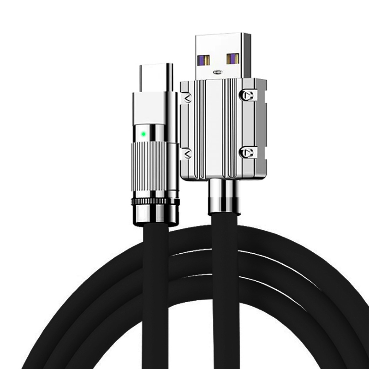 USB-C-auf-USB-Kabel, schwarzes Kabel mit silbernen Steckern, auf weißem Grund.