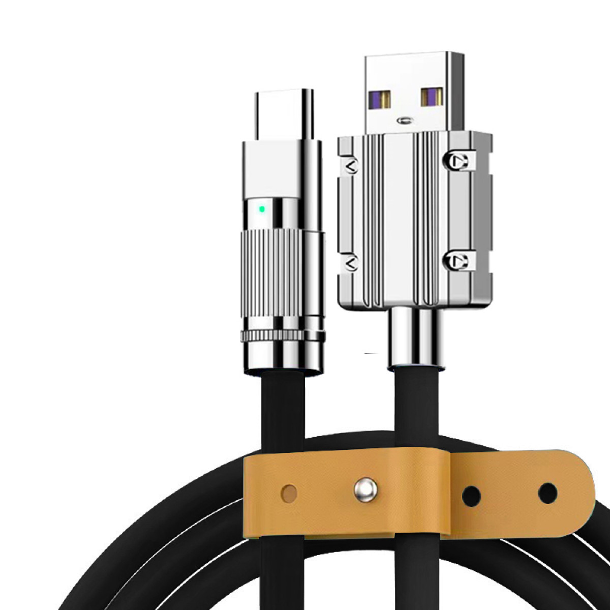 USB-C- und USB-A-Ladekabel mit schwarzem Kabel und braunem Lederriemen.
