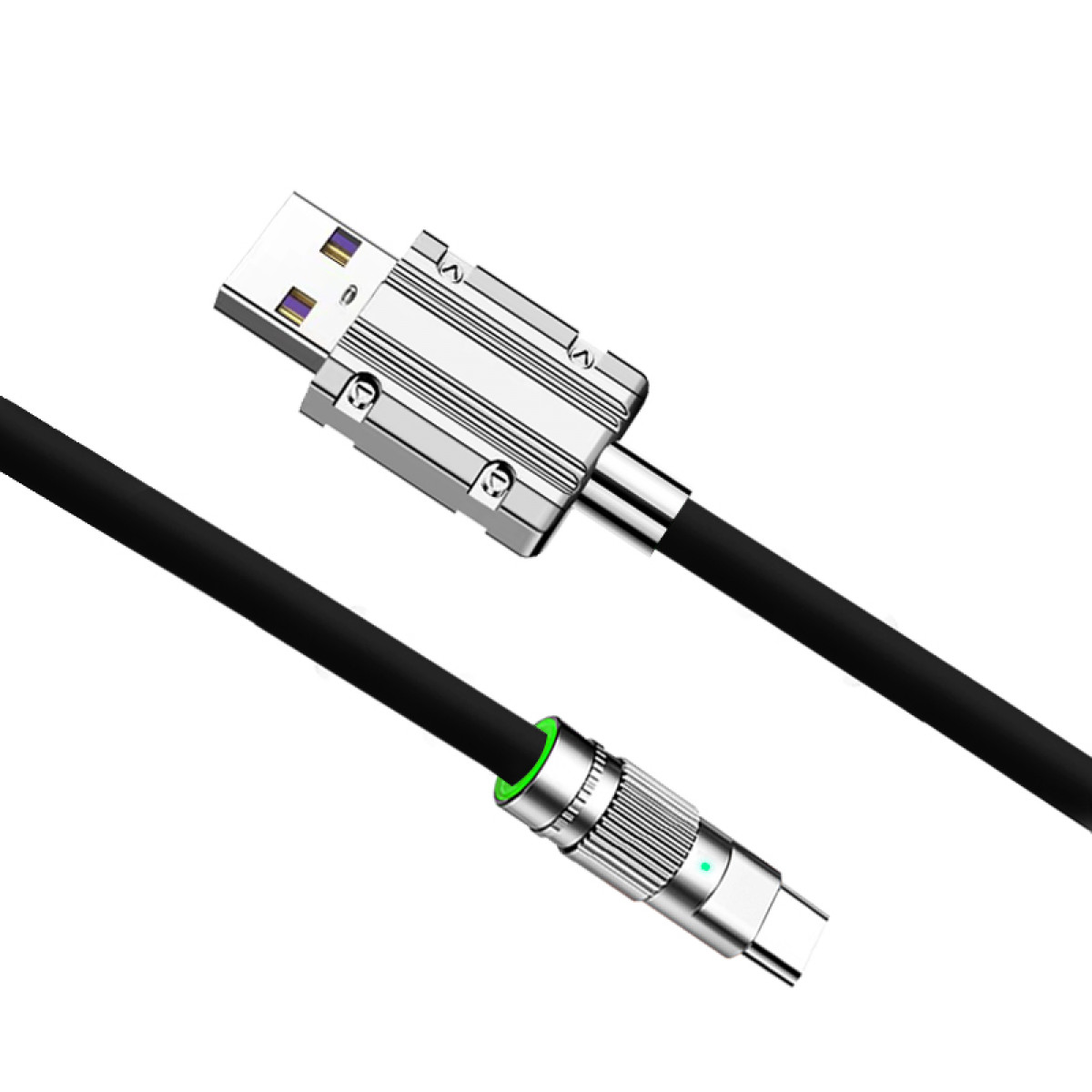 Schwarzes USB-zu-USB-C-Kabel. USB-A-Anschluss ist silber, USB-C-Anschluss hat eine grüne Lichtanzeige.