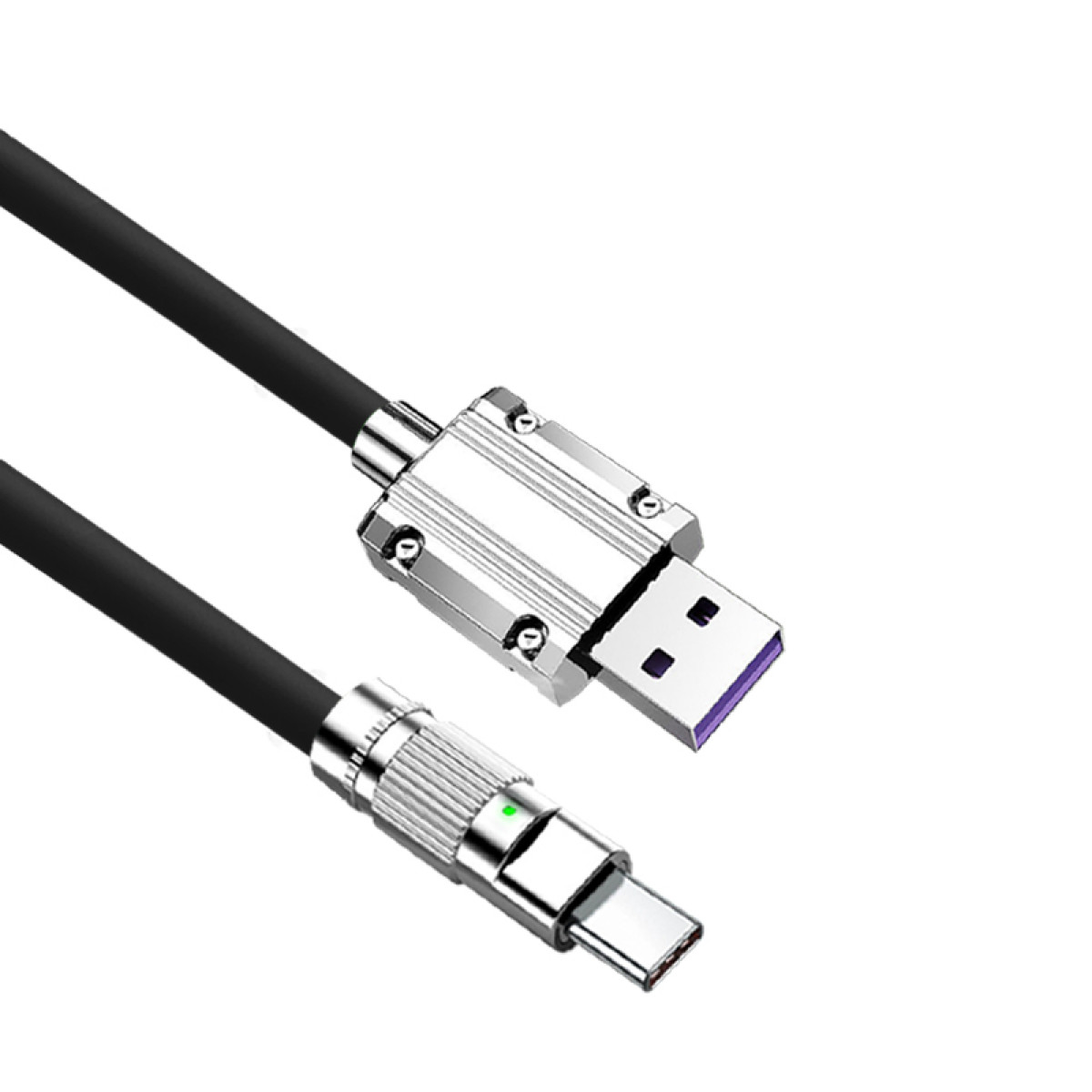 Nahaufnahme eines USB-C- und USB-Kabels. Die Enden sind silber und schwarz, das Kabel ist schwarz.