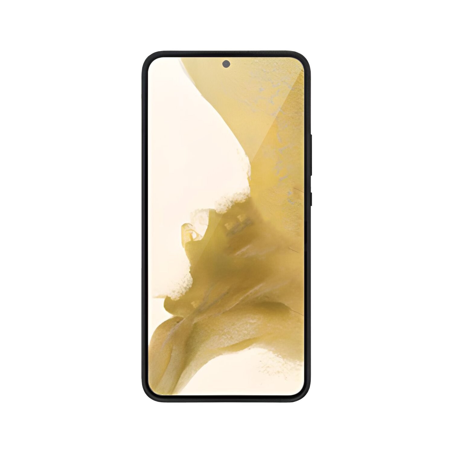 Ein schwarzes Smartphone in einer schwarzen Hülle, zeigt den Bildschirm. Weißer und goldener Hintergrund.