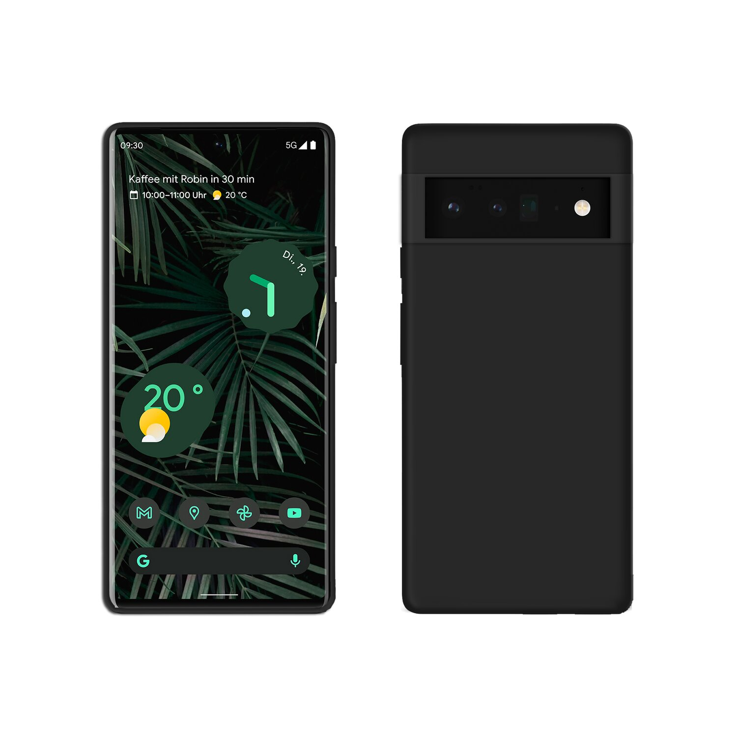 Schwarzes Telefon, Vorder- und Rückansicht, mit Bildschirm, der ein Ereignis zeigt und schwarzer Hülle.