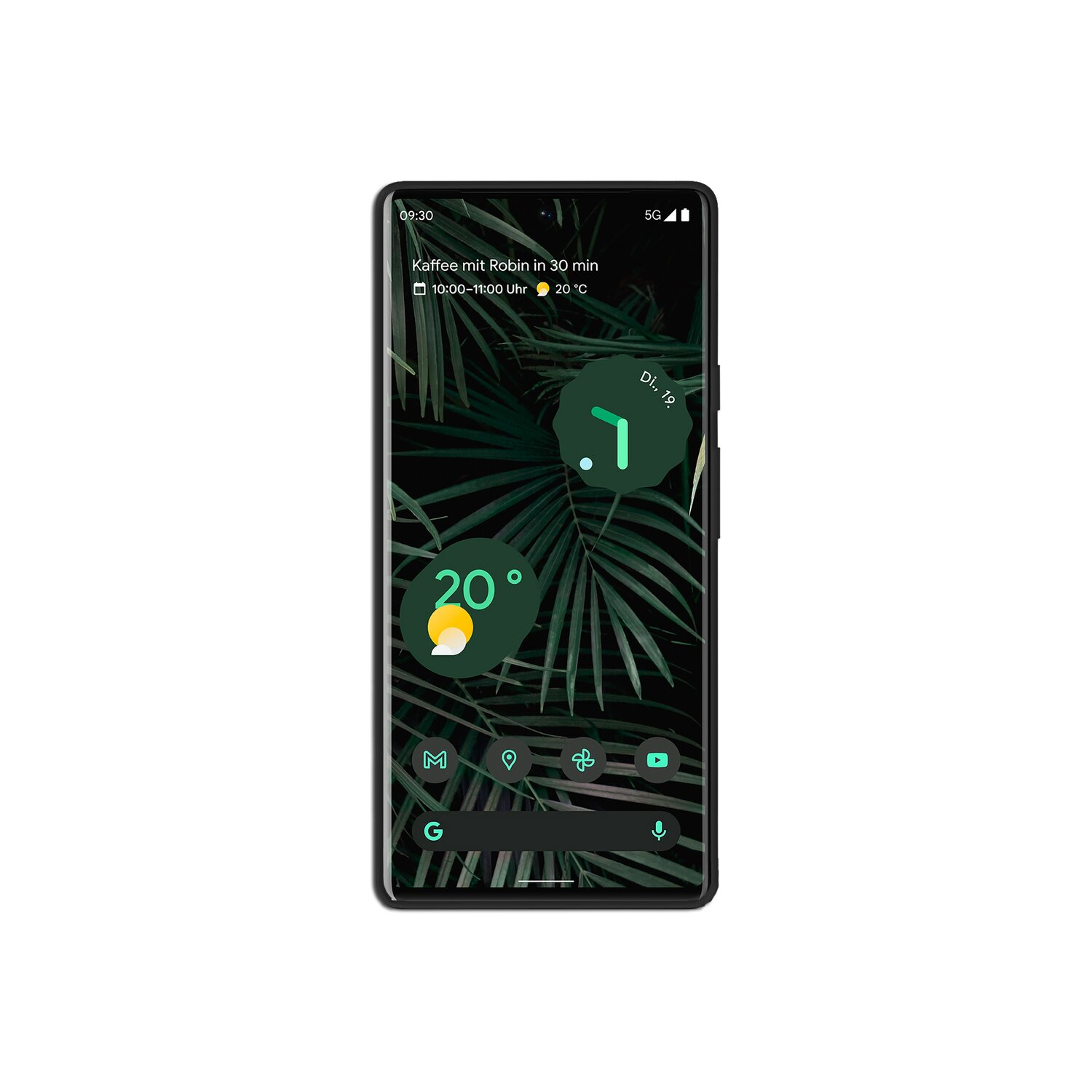 Ein schwarzer Smartphone-Bildschirm mit Wetter- und Zeitinformationen auf weißem Hintergrund.