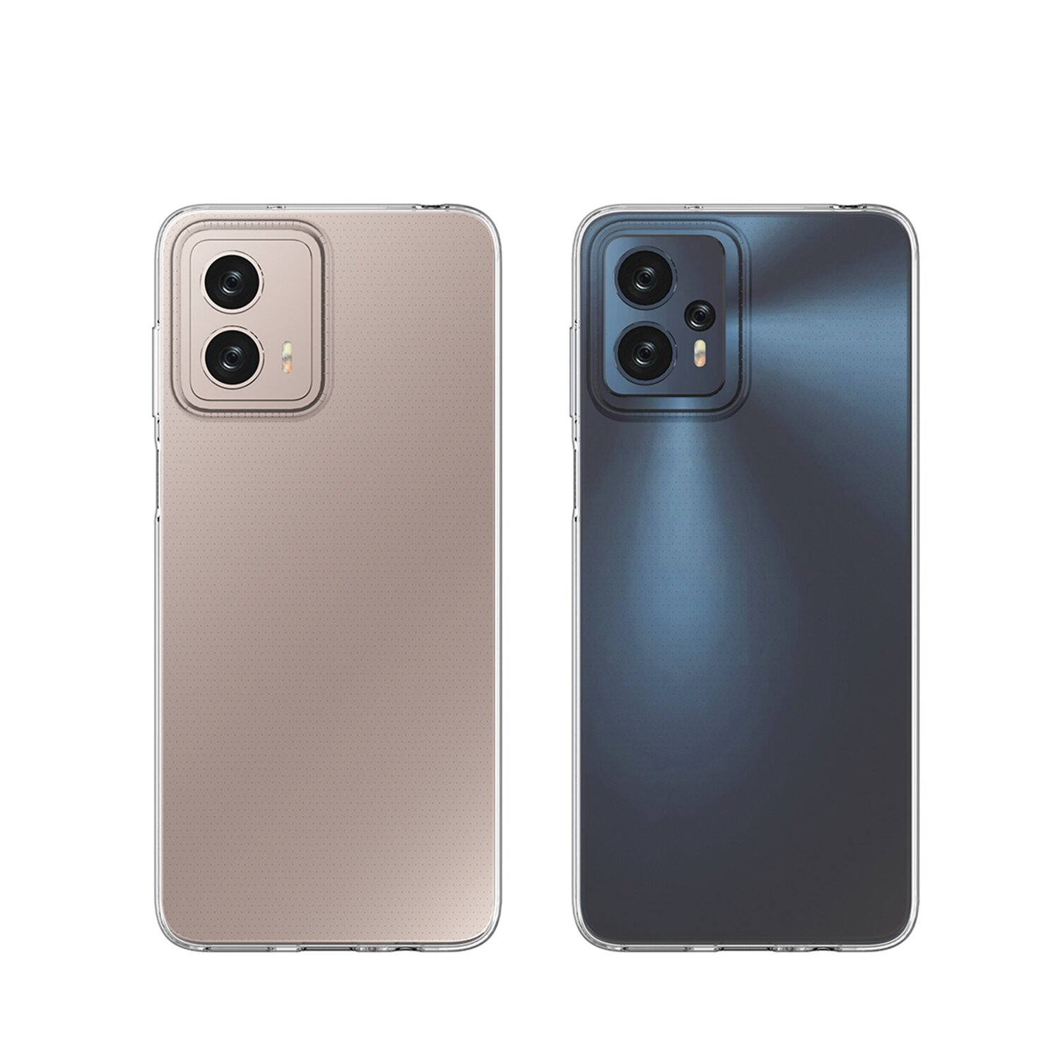 Zwei Mobiltelefone, eines beige und eines blau, mit transparenten Hüllen.