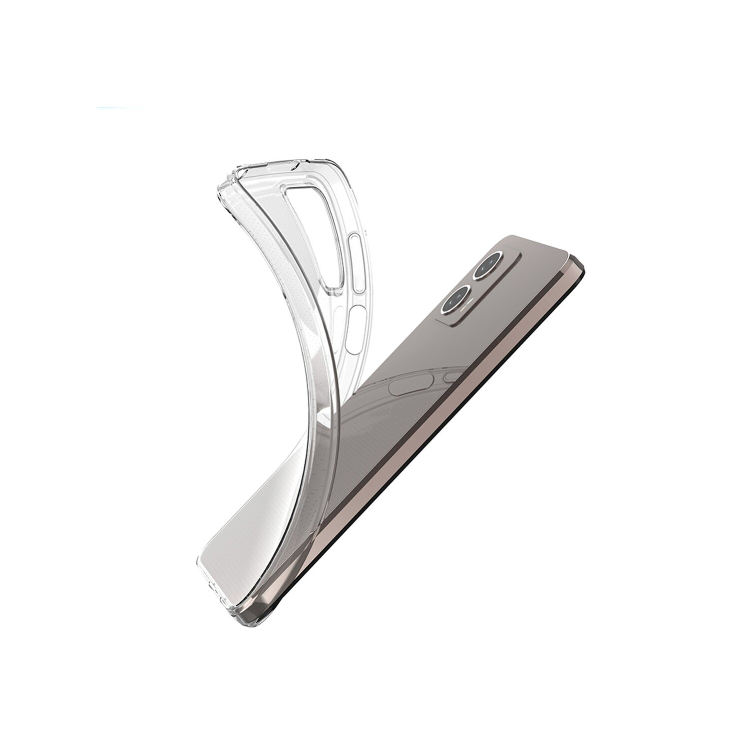 Eine transparente Handyhülle mit einem Telefon darin, das die Rückseite des Telefons mit Kameralinsen zeigt.