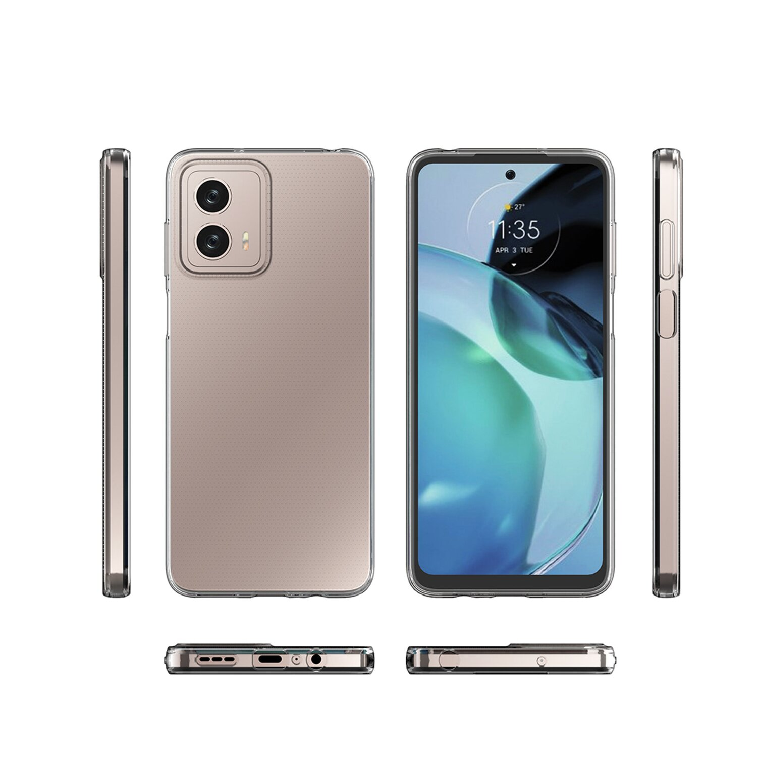 Telefon in transparenter Hülle, mehrere Ansichten, einschließlich Seite und Oberseite. Farbe ist rosa.