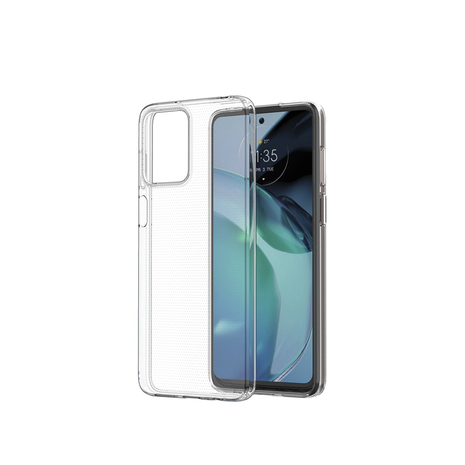 Transparente Handyhülle auf Smartphone, vor schlichtem, weißem Hintergrund.