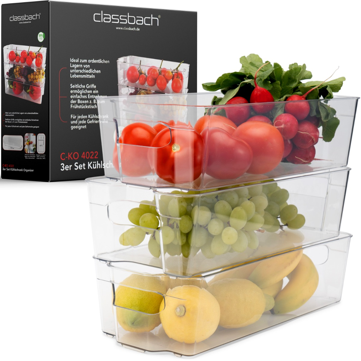 Drei transparente Behälter mit Gemüse und Obst, und eine Box mit Text. Auf weißem Hintergrund.