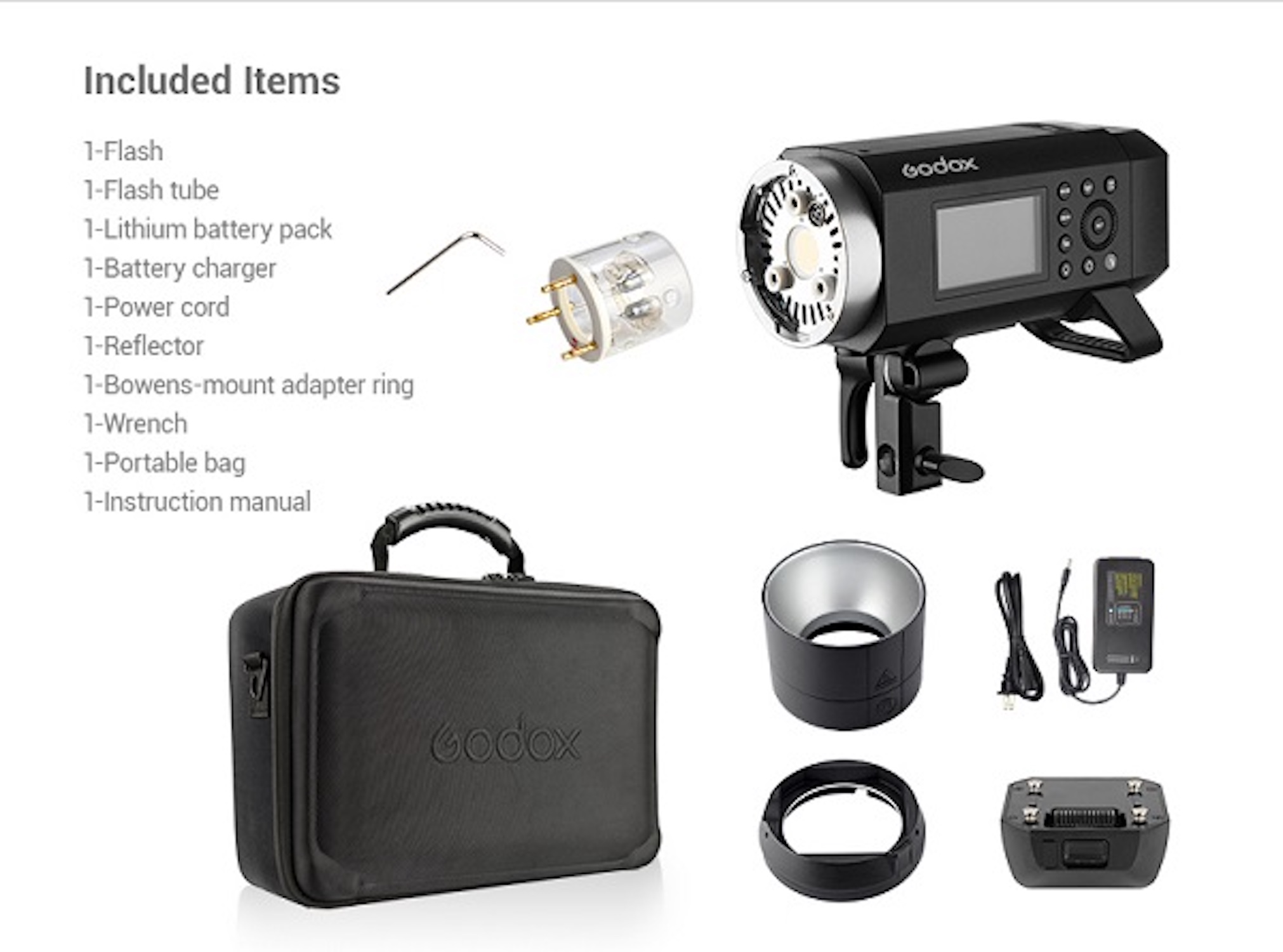 Un kit de flash de fotografía con varios componentes, incluyendo un flash, bolsa y cargador.