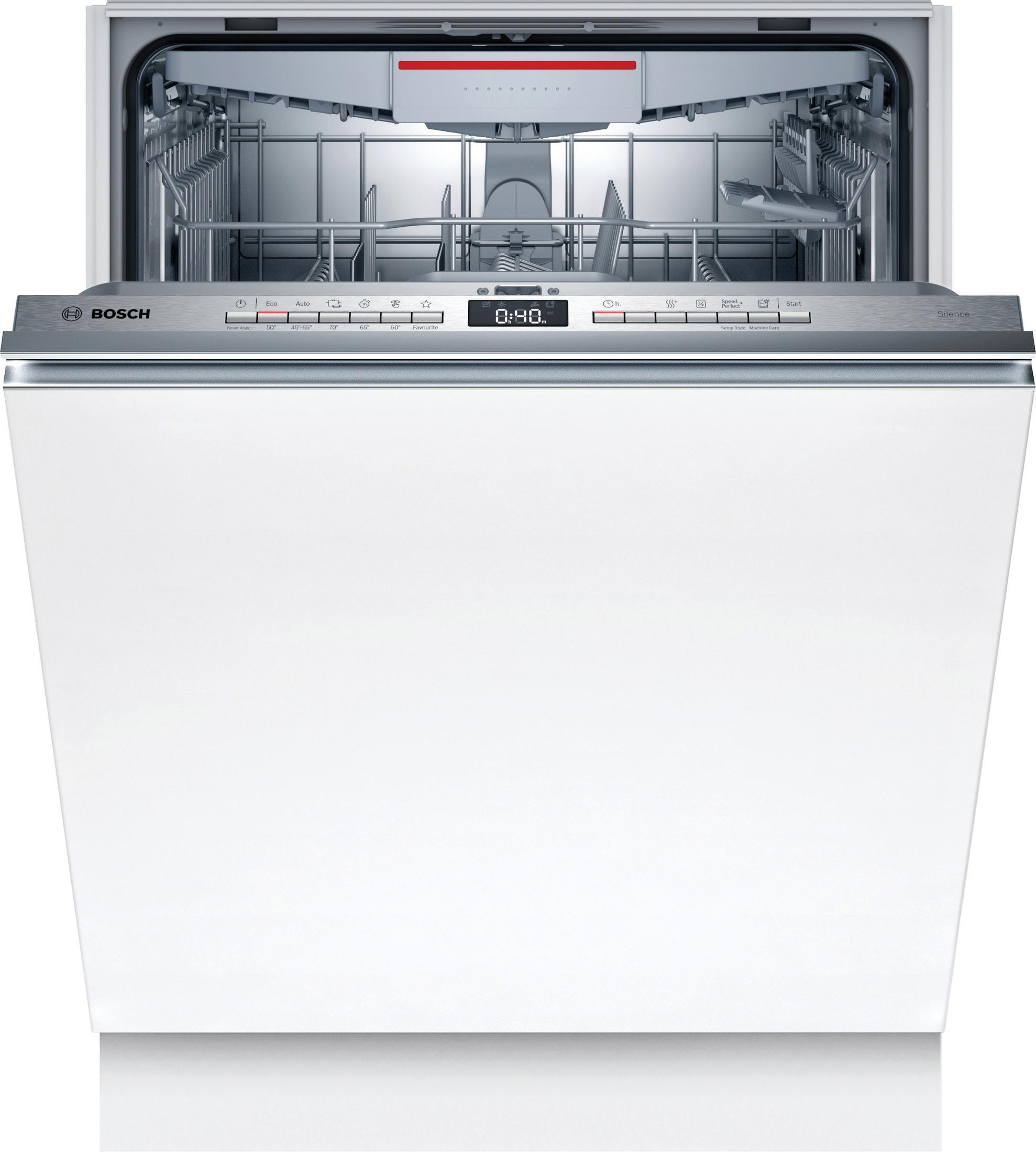 Lavastoviglie bianca con porta aperta. Interno in acciaio inox. Pannello comandi in alto.