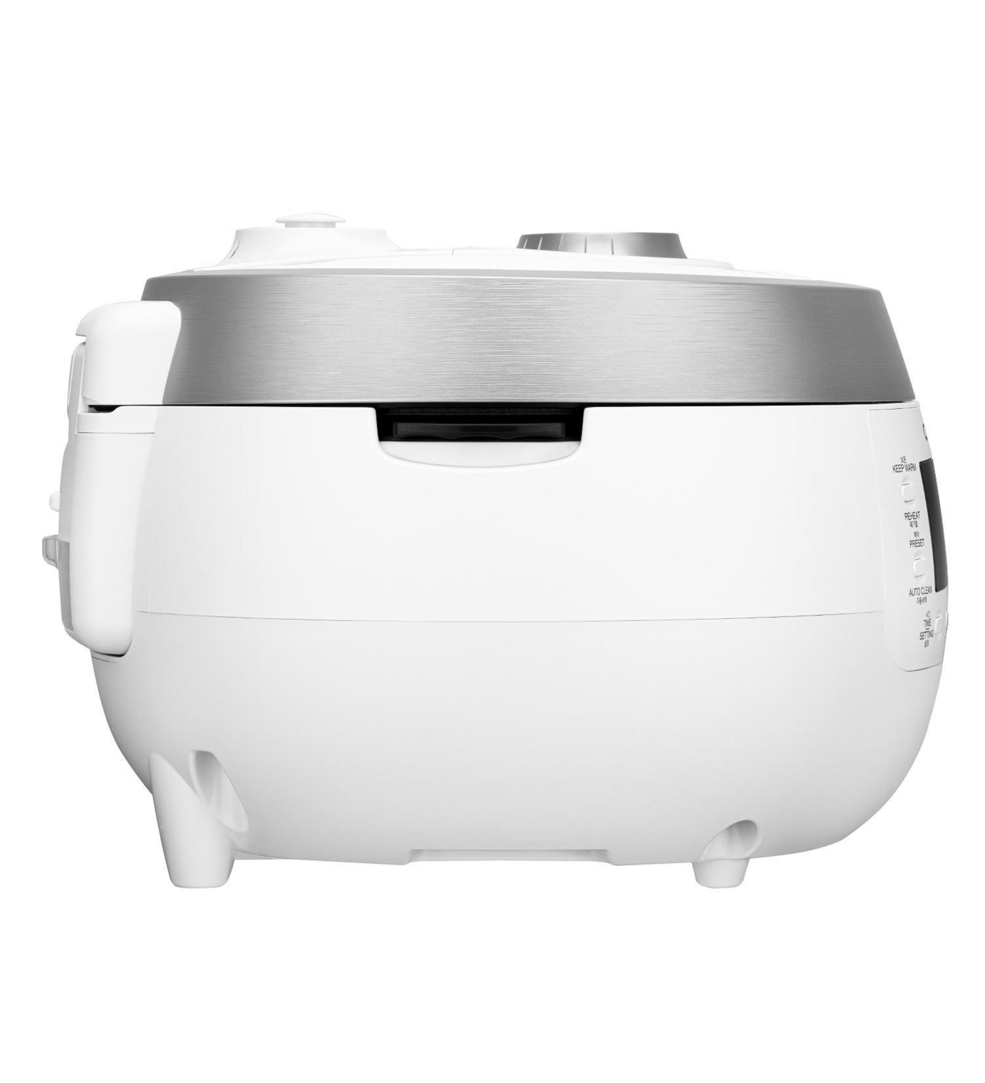 Biały garnek do ryżu ze srebrną pokrywą. Po prawej stronie znajdują się przyciski i mały wyświetlacz.