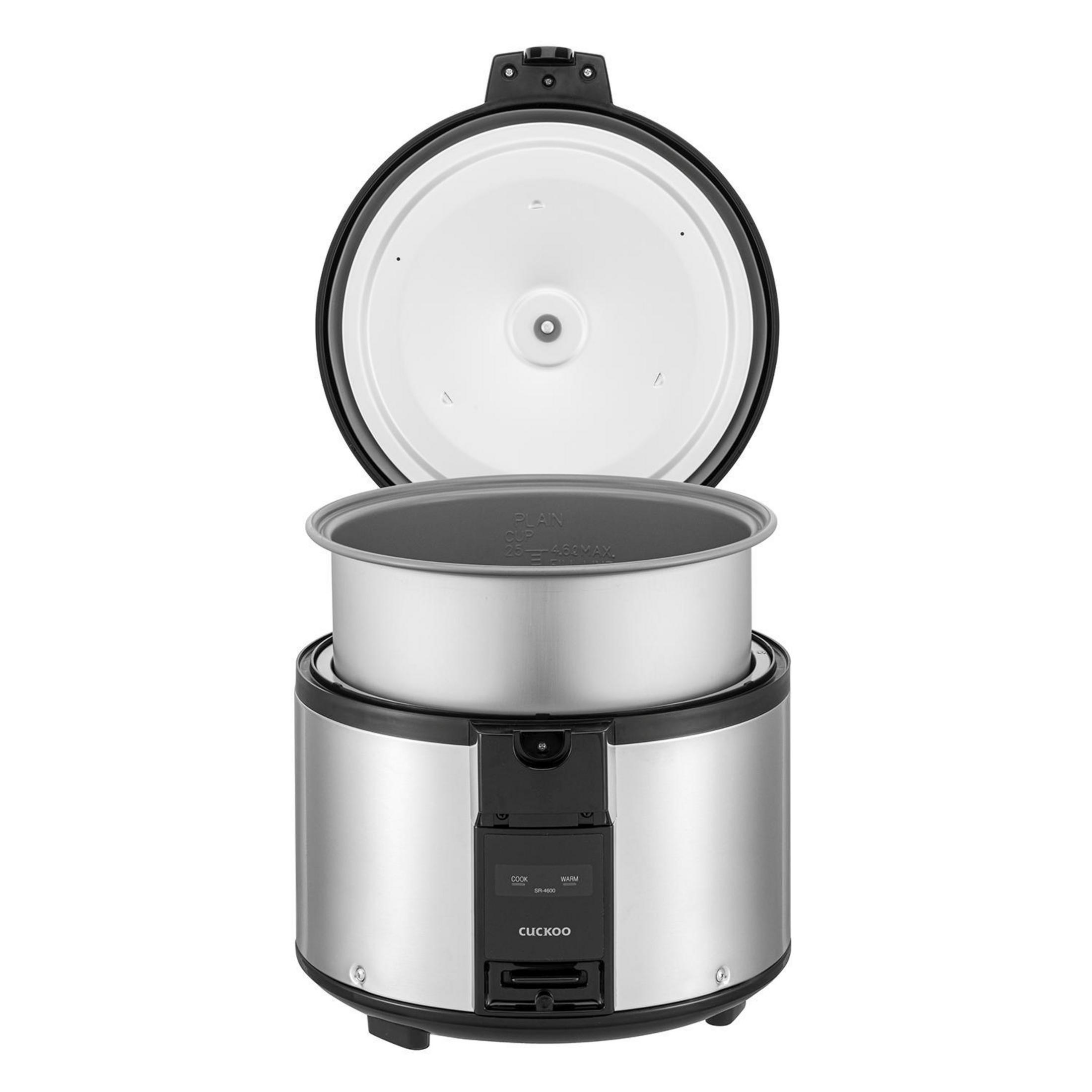 Otwarty garnek do gotowania ryżu z wewnętrznym garnkiem, srebrny i czarny design.