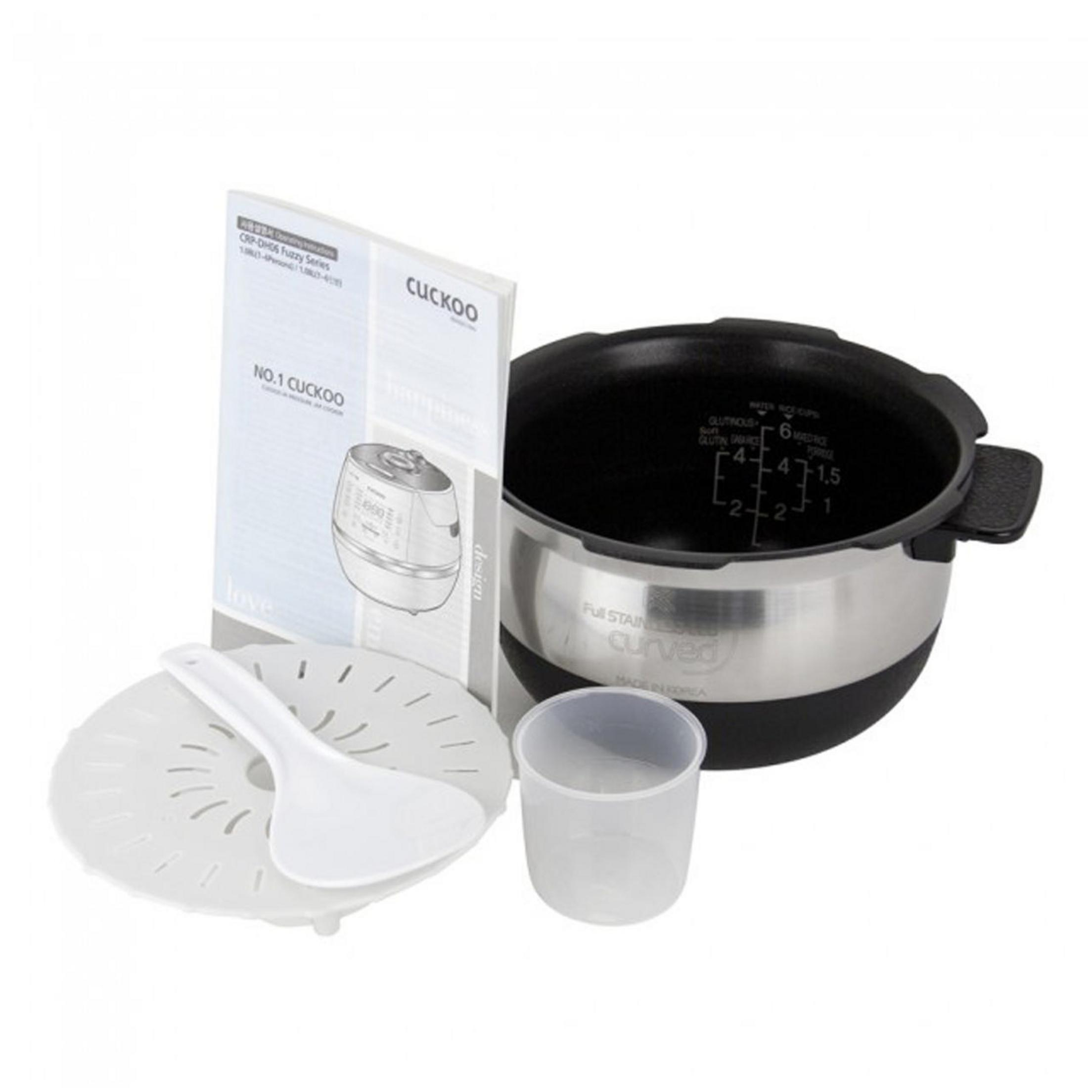 Części ryżowaru: garnek, miarka, łyżka i instrukcja. Pełna zakrzywiona stal nierdzewna i inne akcesoria.