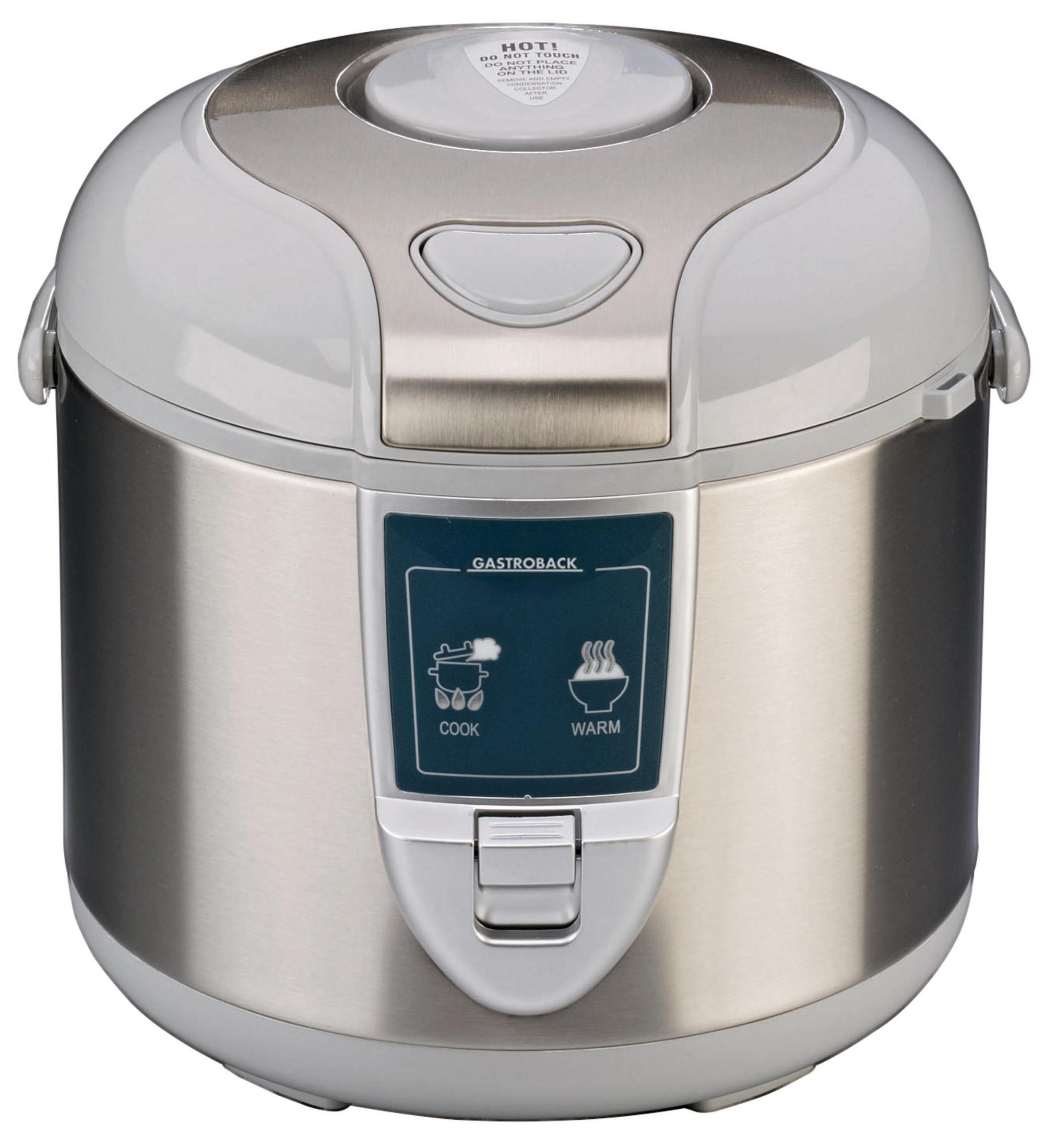 Cuociriso in acciaio inox e bianco con pulsanti e testo: Cuocere e Riscaldare.
