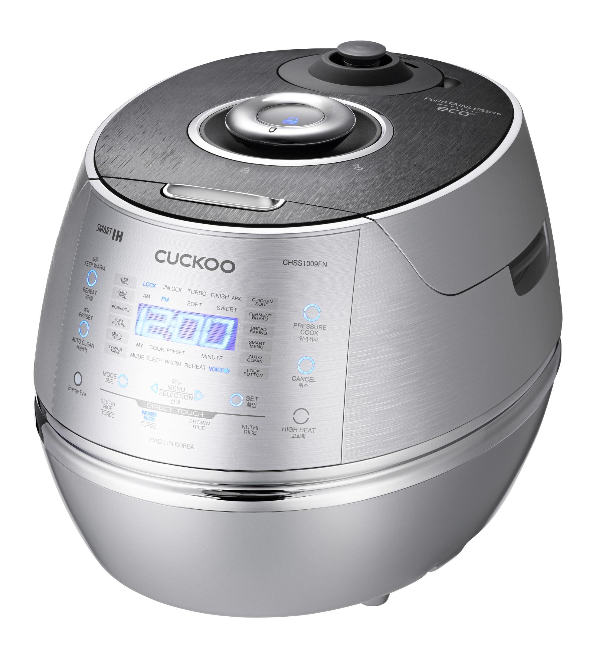 Srebrny garnek do gotowania ryżu Cuckoo z czarnym i srebrnym wierzchem.