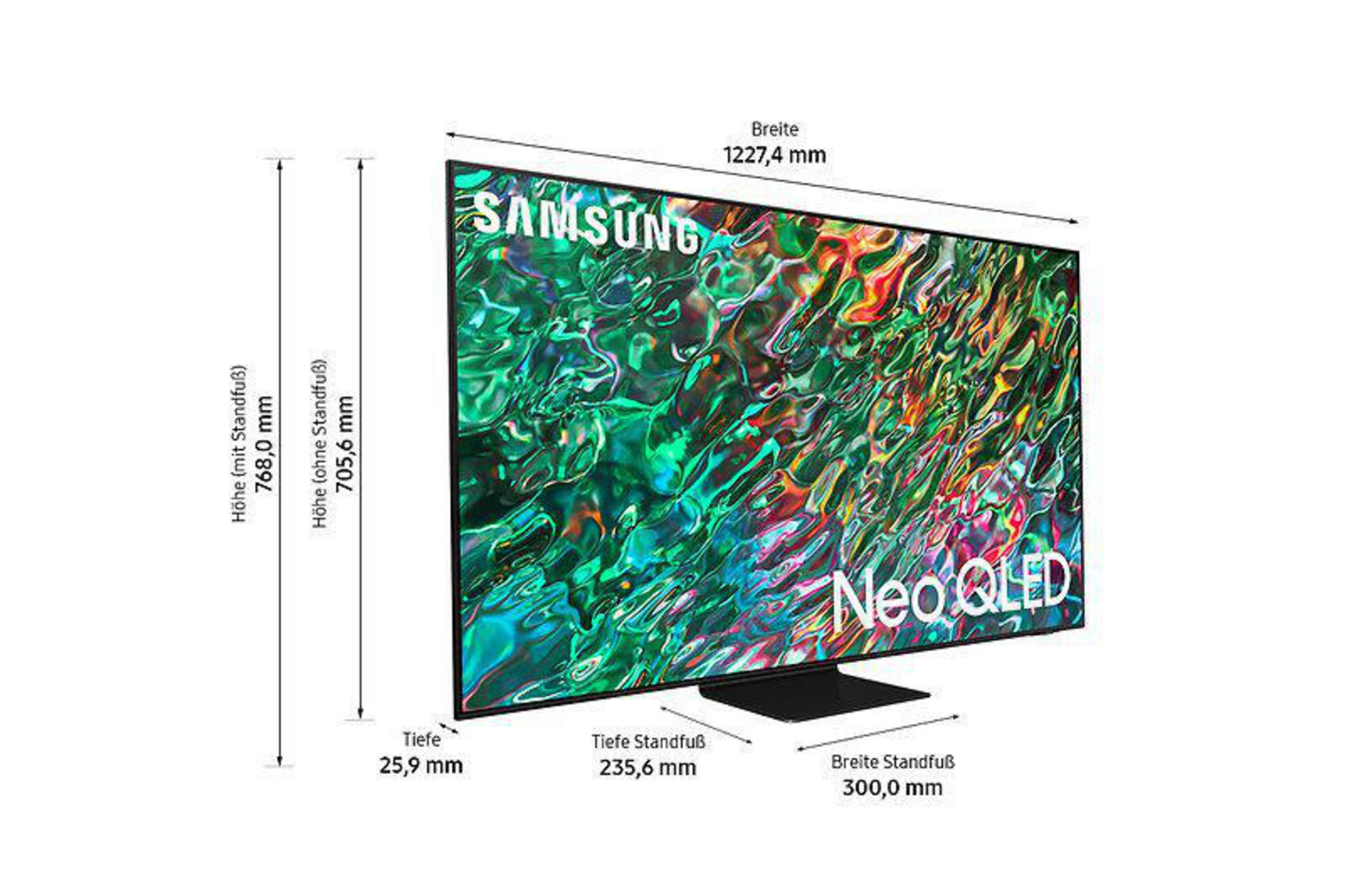Samsung Neo QLED TV mit beschrifteten Abmessungen.