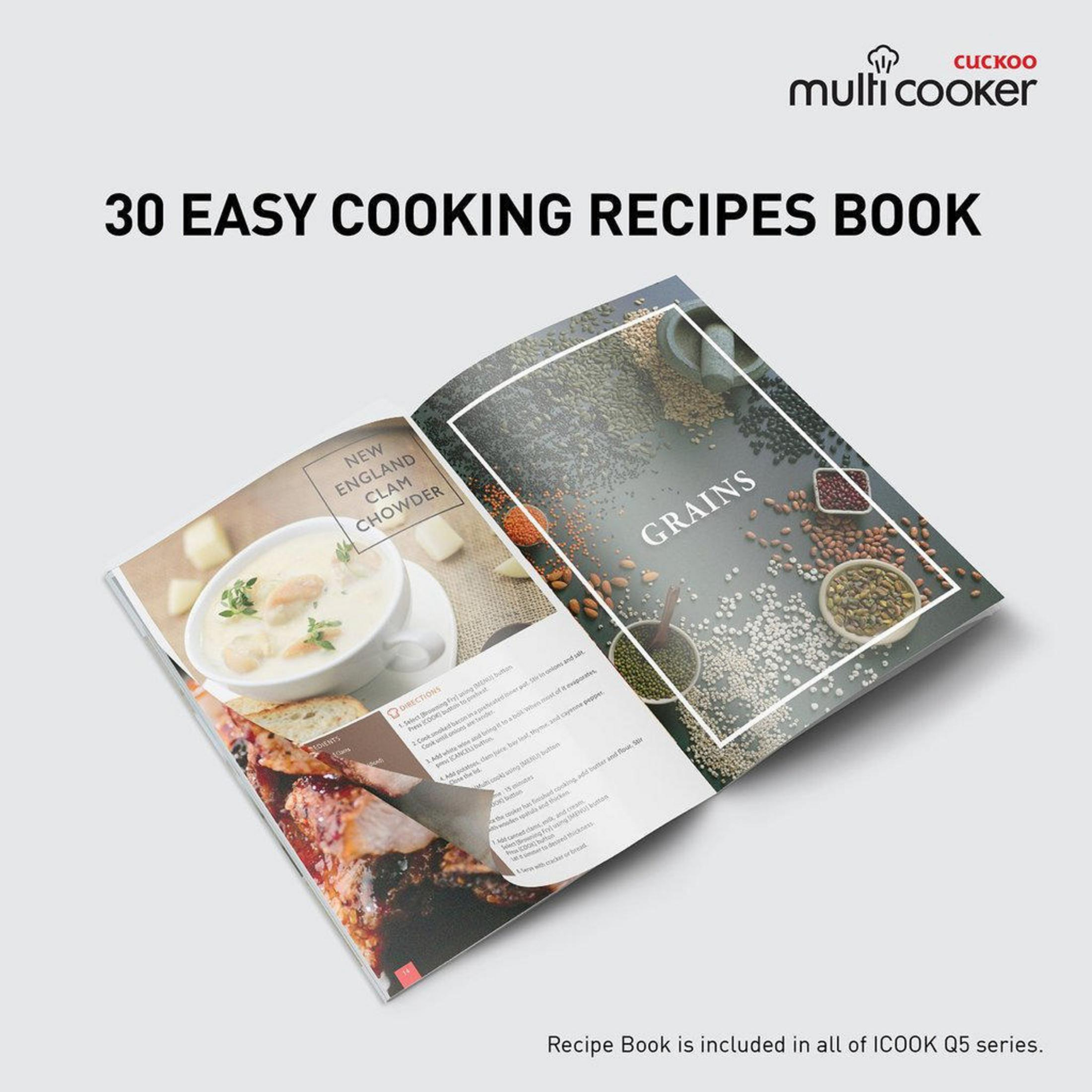 Aufgeschlagenes Kochbuch, Titel '30 Easy Cooking Recipes Book', zeigt Rezepte mit Essensbildern.