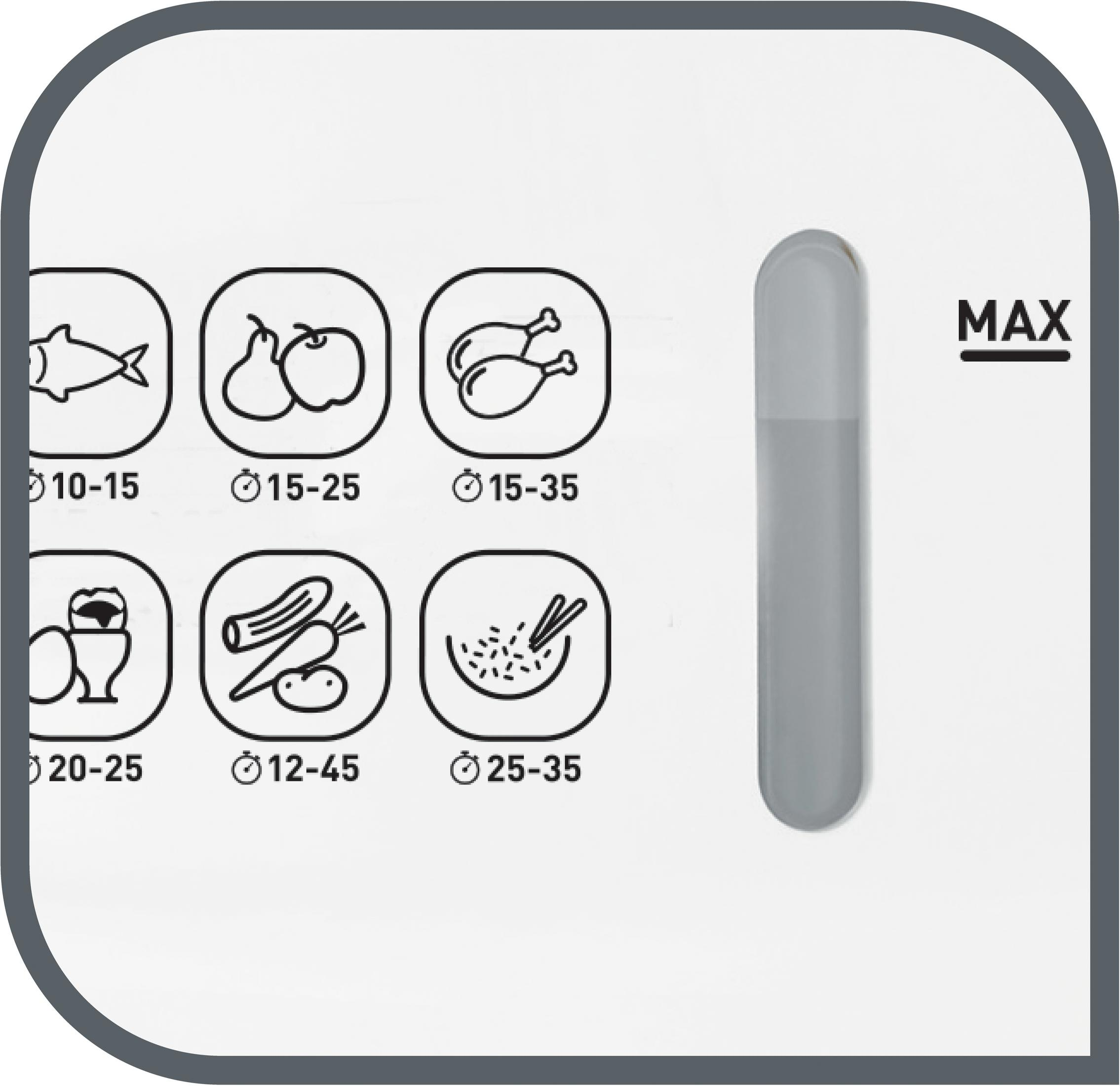 Primer plano de un panel de control. Iconos con alimentos y sus tiempos de cocción.