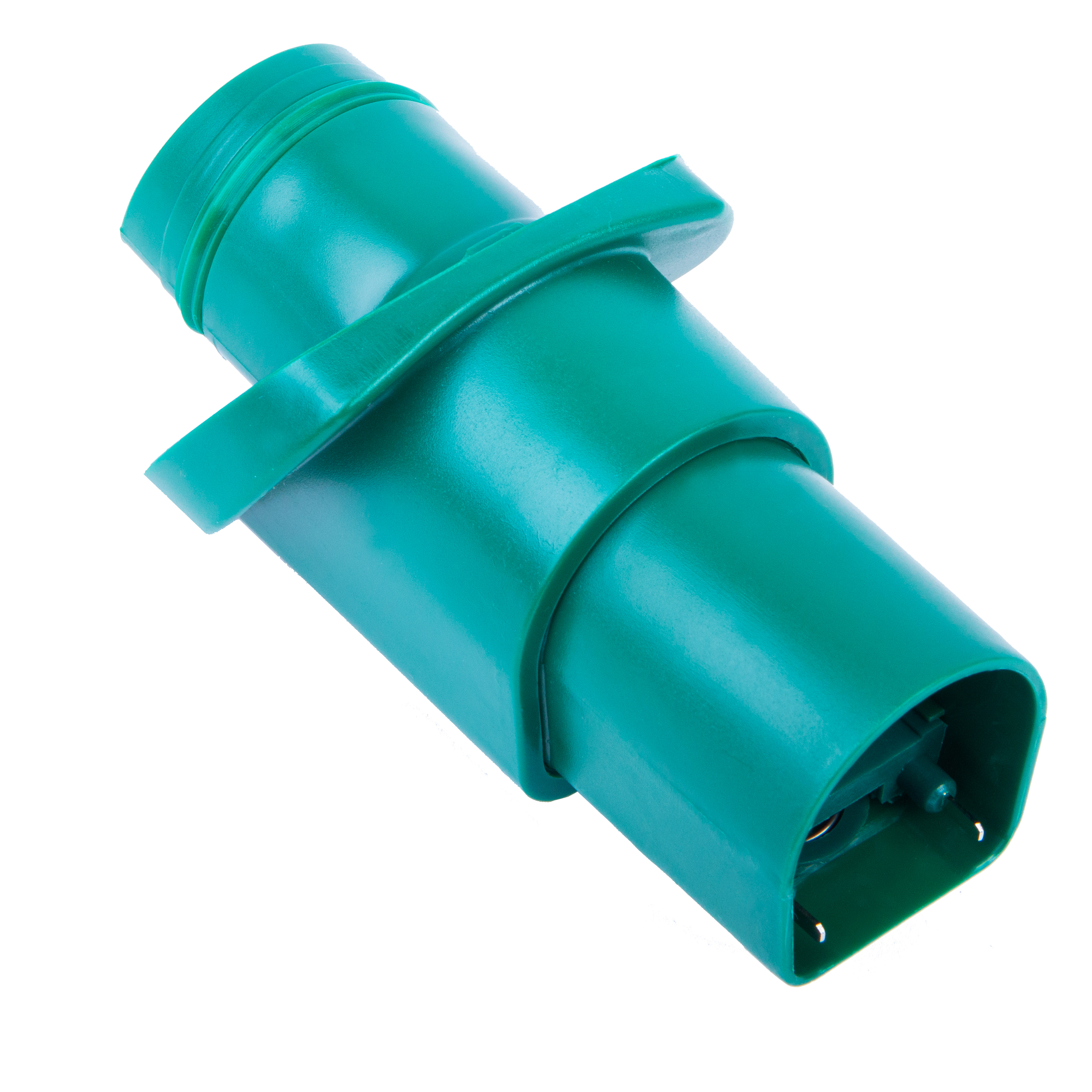 Grüner Adapter mit drei Stiften auf Weiß. Die Form ist zylindrisch mit einem ausgestellten Ende.