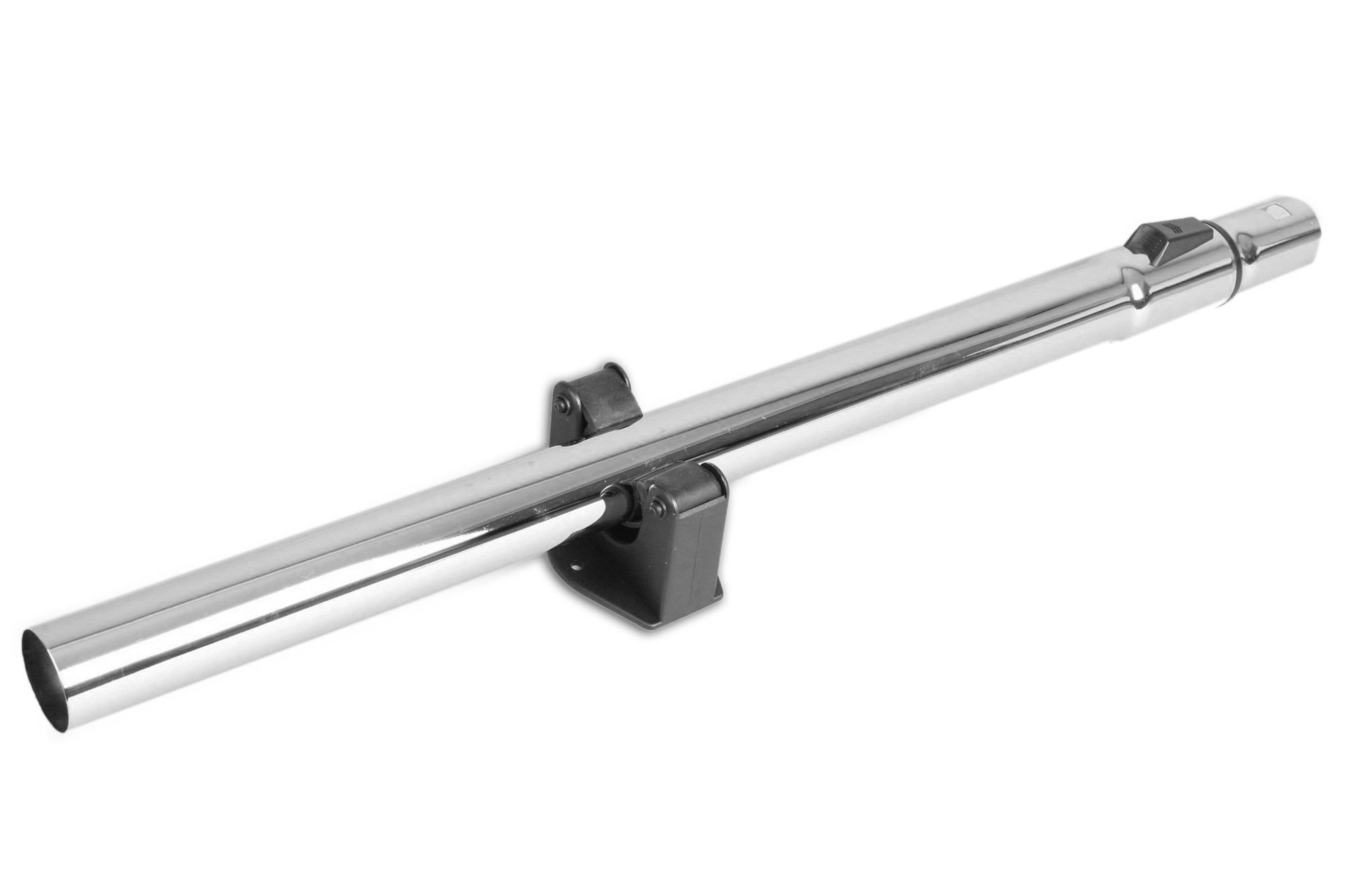 Verlängerungsrohr für Staubsauger aus Chrom mit schwarzem Kunststoffhalter auf weißem Hintergrund.