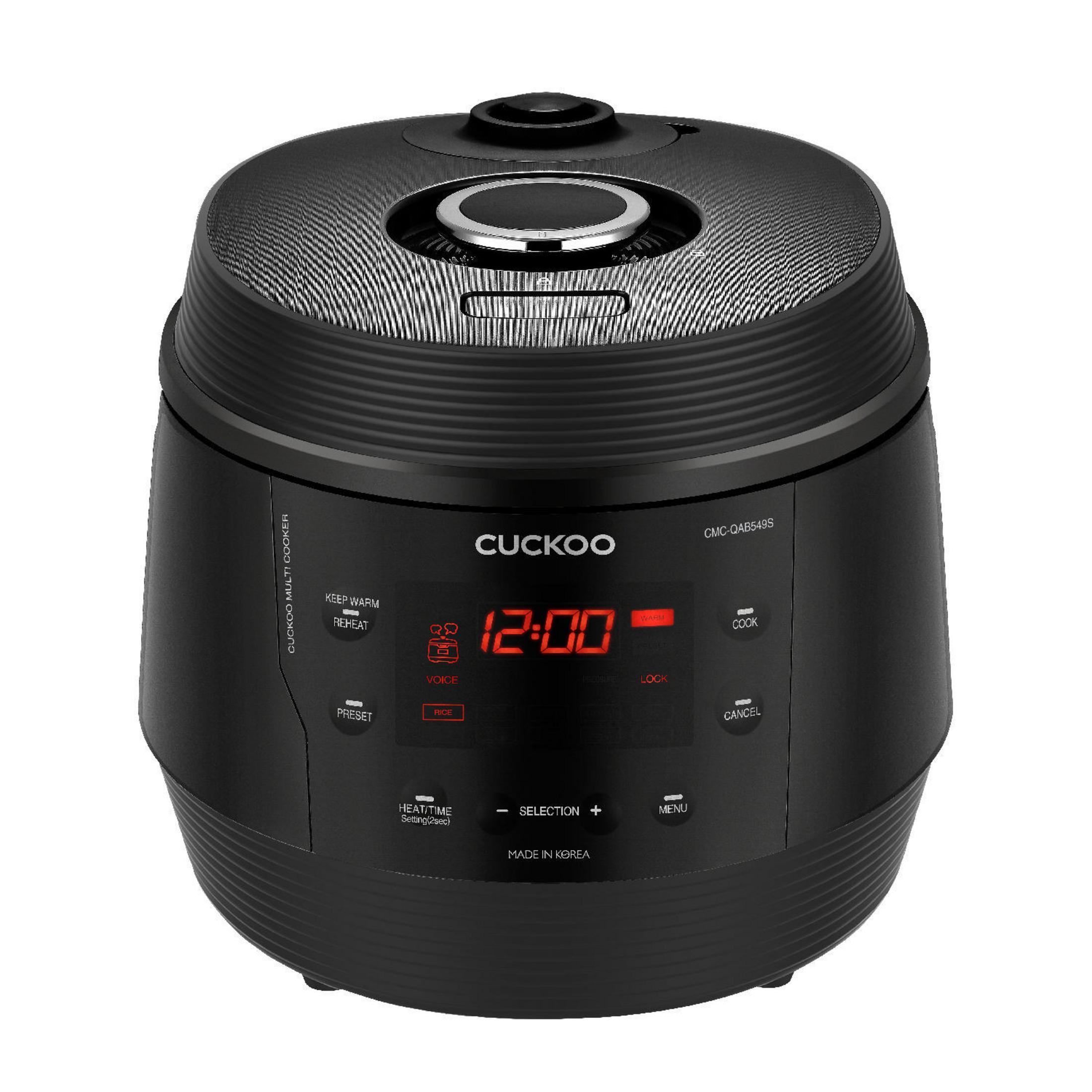 Arrocera negra con pantalla digital mostrando las 12:00. Diseño redondo con el logo de Cuckoo visible.