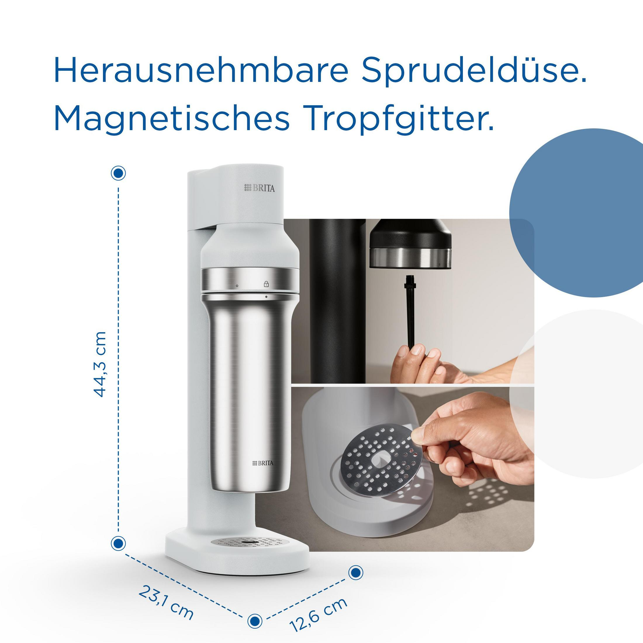 Saturator Brita z wyjmowaną dyszą i magnetyczną tacką ociekową.