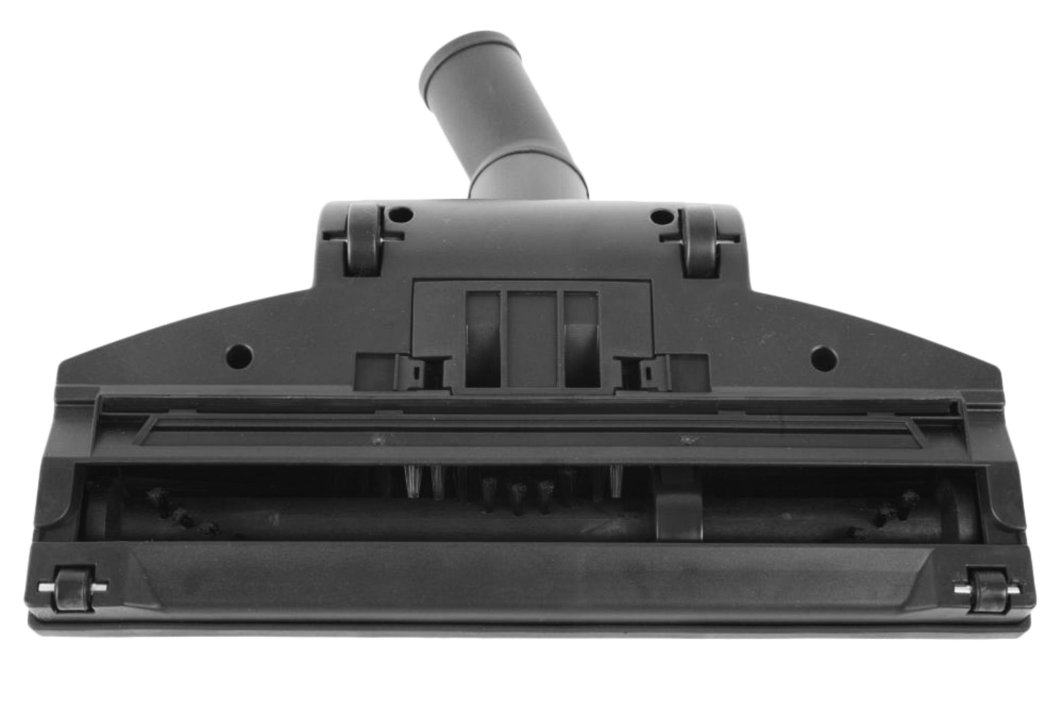 Schwarzer Staubsaugerkopf, Nahaufnahme. Bürste und Räder sind sichtbar.