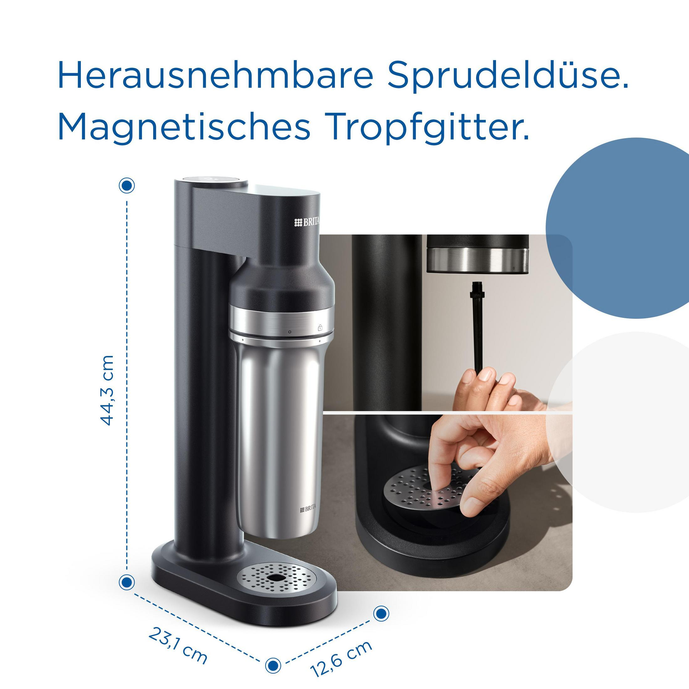 Nasycacz wody Brita z wyjmowaną dyszą i magnetyczną tacką ociekową.