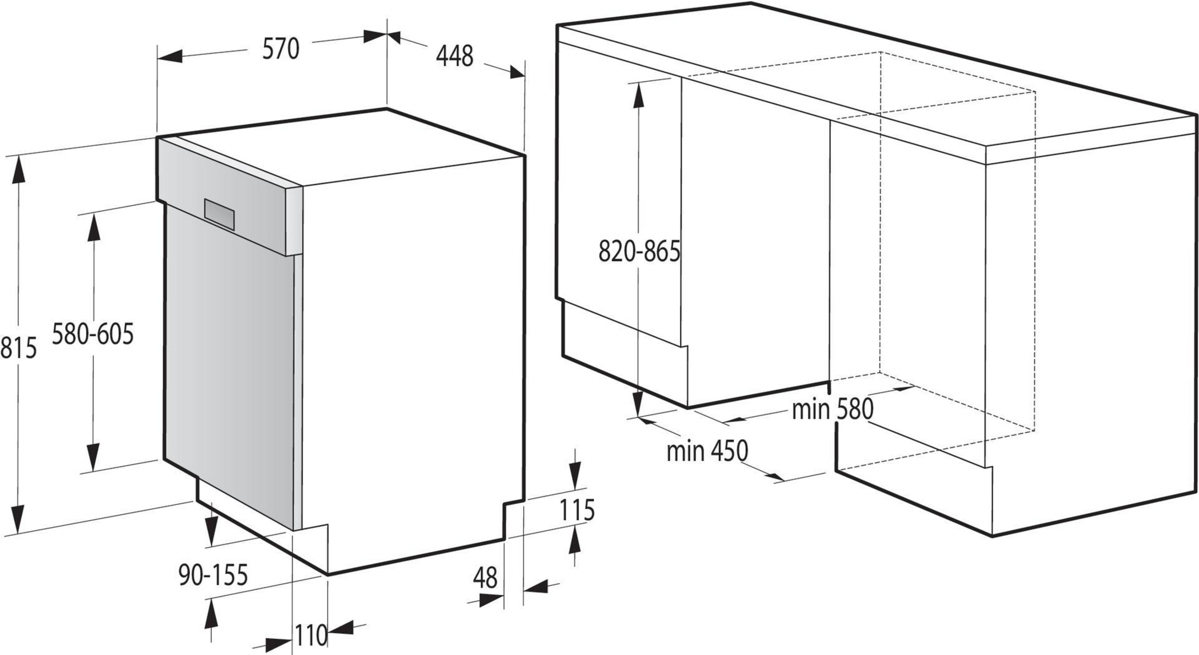 Diagramm der Geschirrspülerinstallation mit Abmessungen und Installationsdetails.