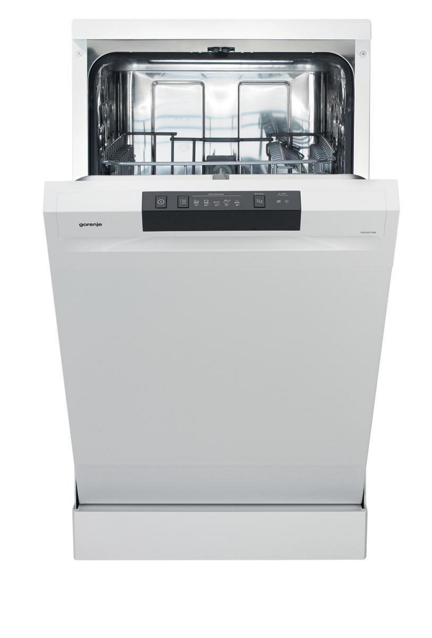 Biała zmywarka z otwartymi drzwiami, pokazująca kosze i panel sterowania.