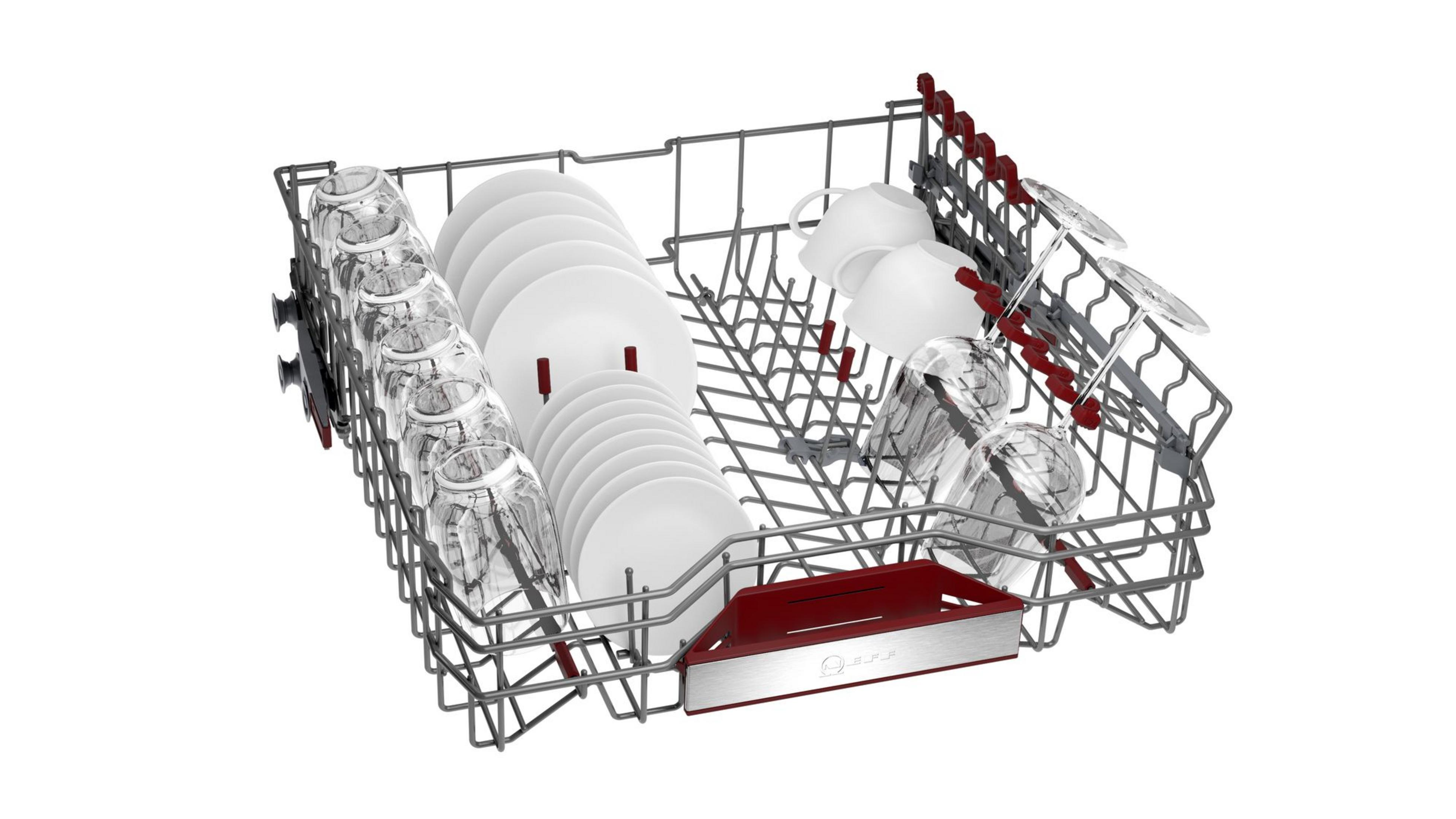 Dishwasher rack with glasses and plates. The rack is metallic with red accents. White background.