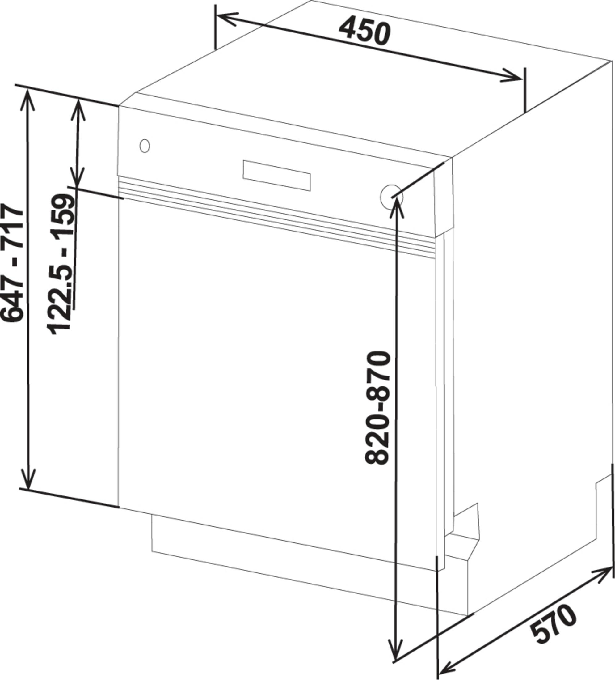 Diagramm der Geschirrspüler-Abmessungen mit Millimeterangaben. Weißer Hintergrund.