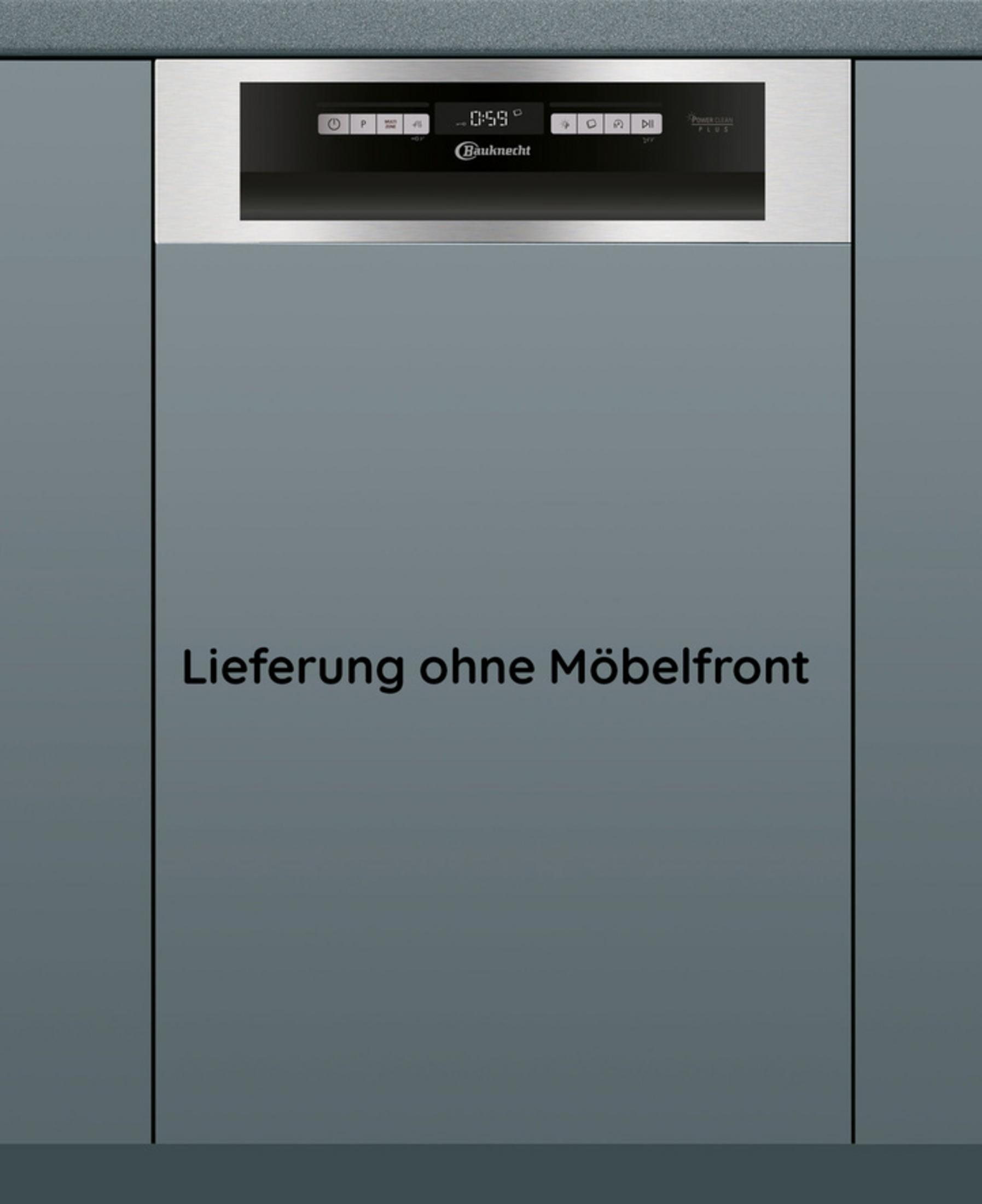 Ein Bauknecht Geschirrspüler eingebaut. Text: Lieferung ohne Möbelfront. Bedienfeld sichtbar.