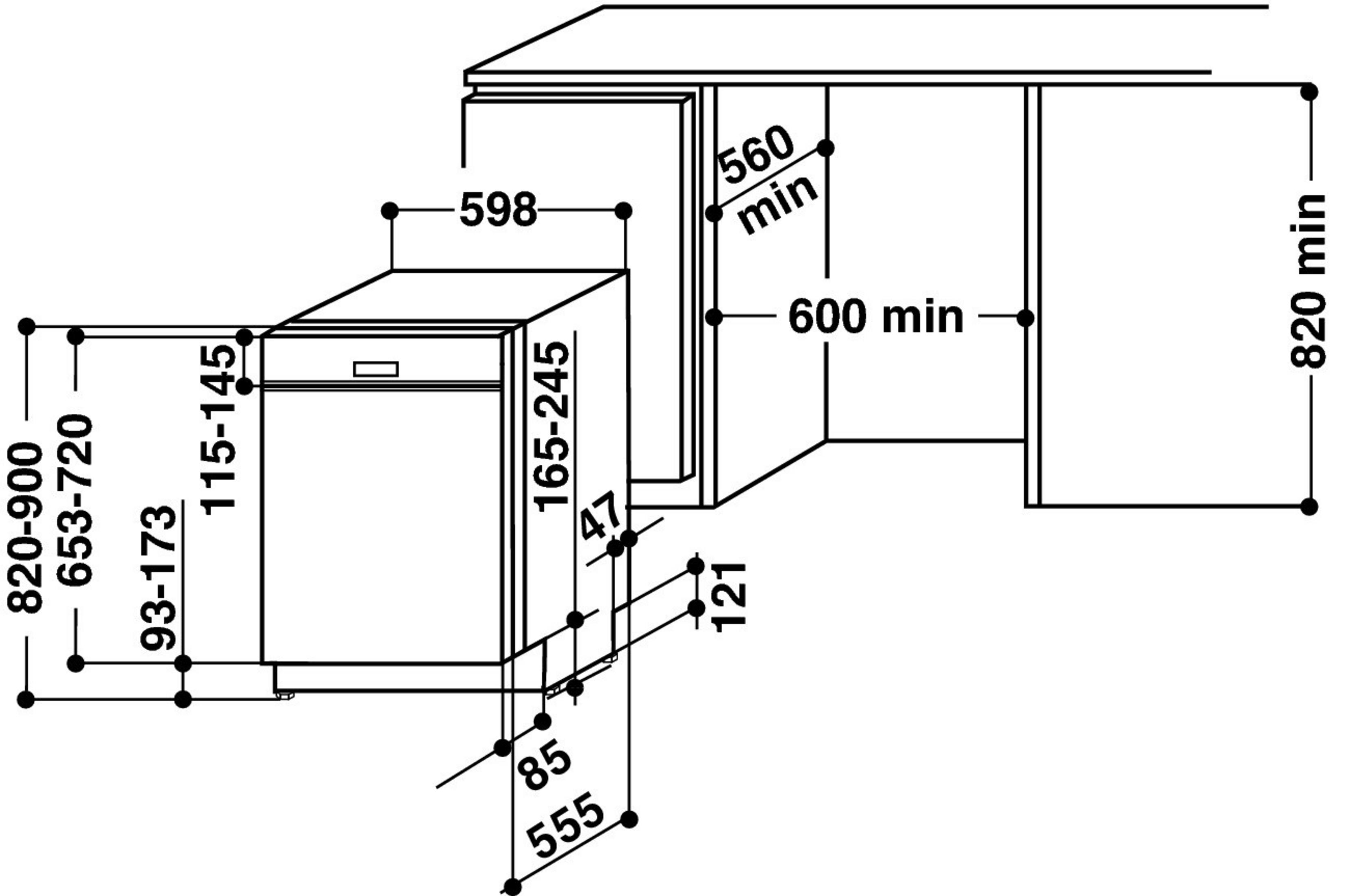 Diagramm eines Geschirrspülers mit Abmessungen in Millimetern.