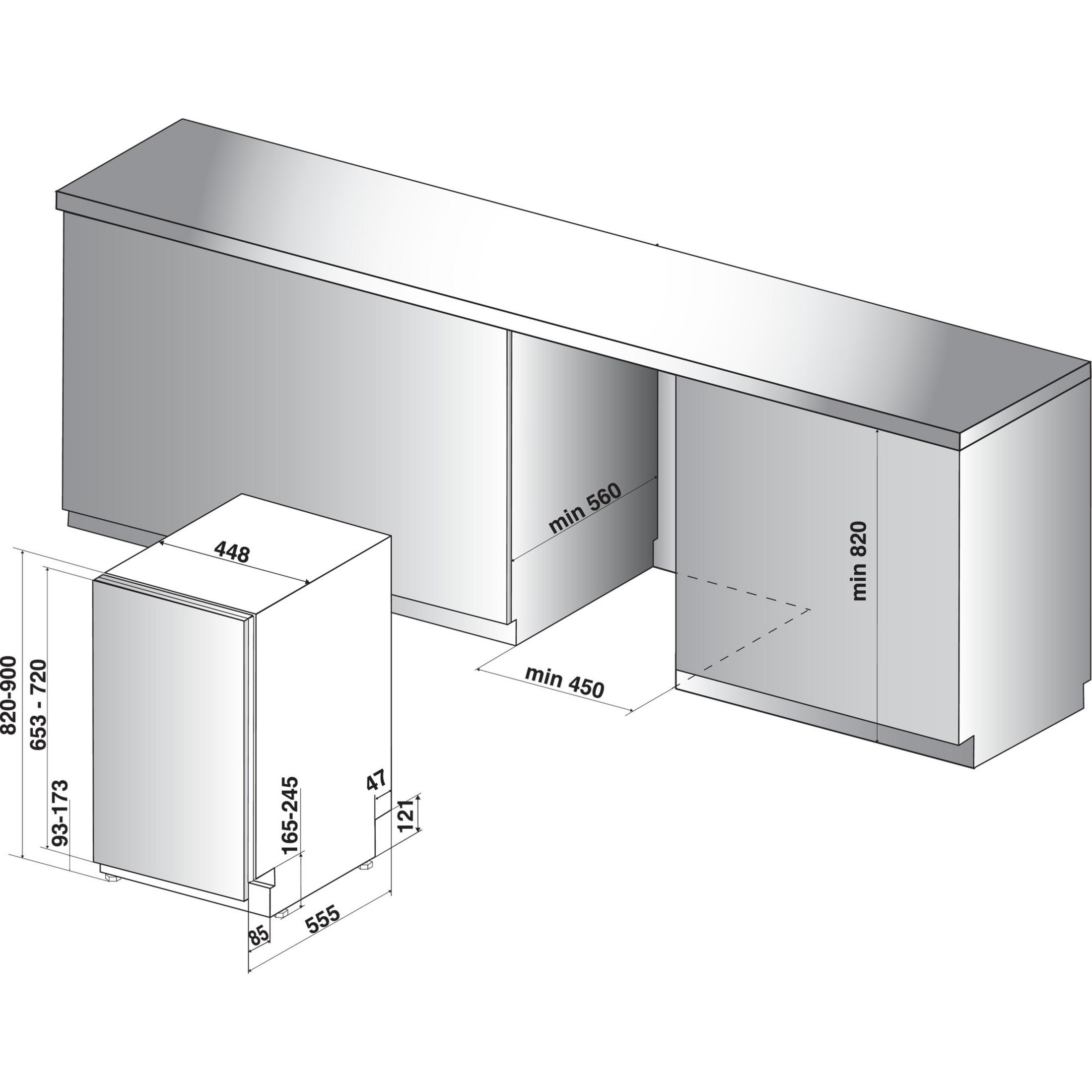 Ein Geschirrspüler mit Abmessungen in einem Diagramm und Maßen in mm.