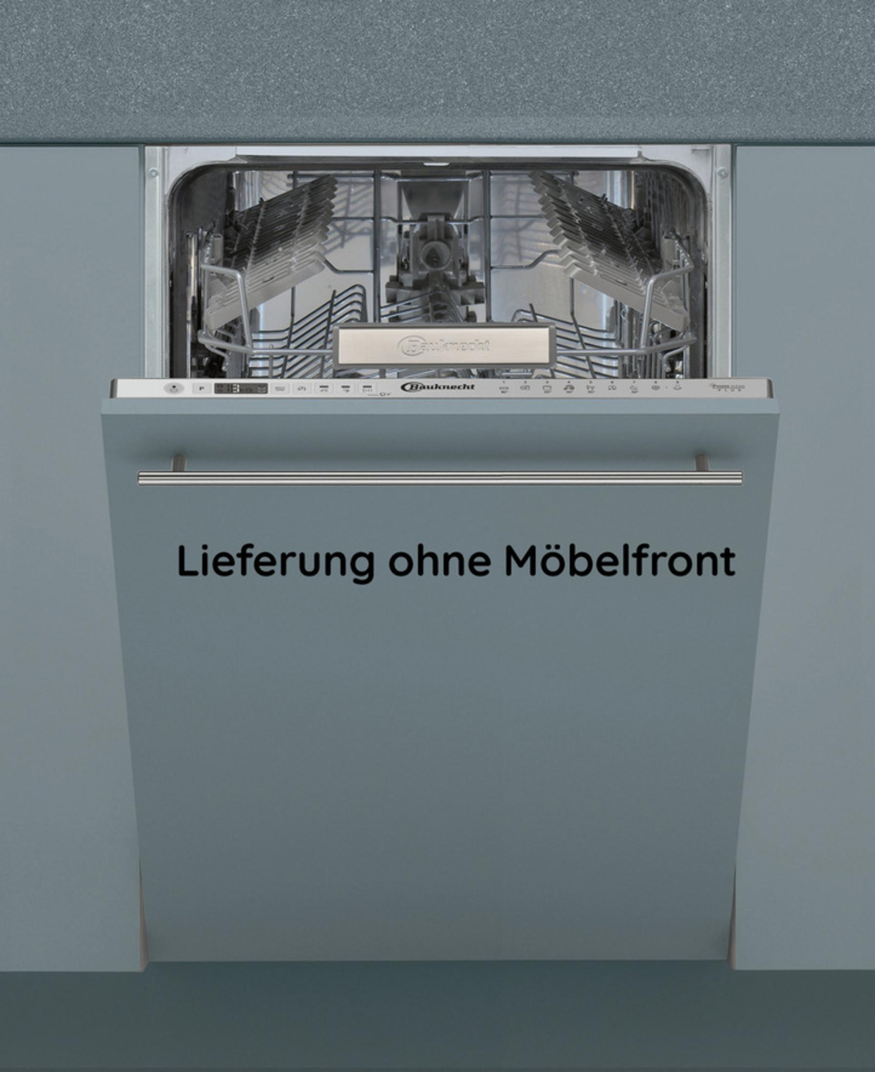 Ein Einbaugeschirrspüler, die Tür ist blau, mit dem Text "Lieferung ohne Möbelfront".