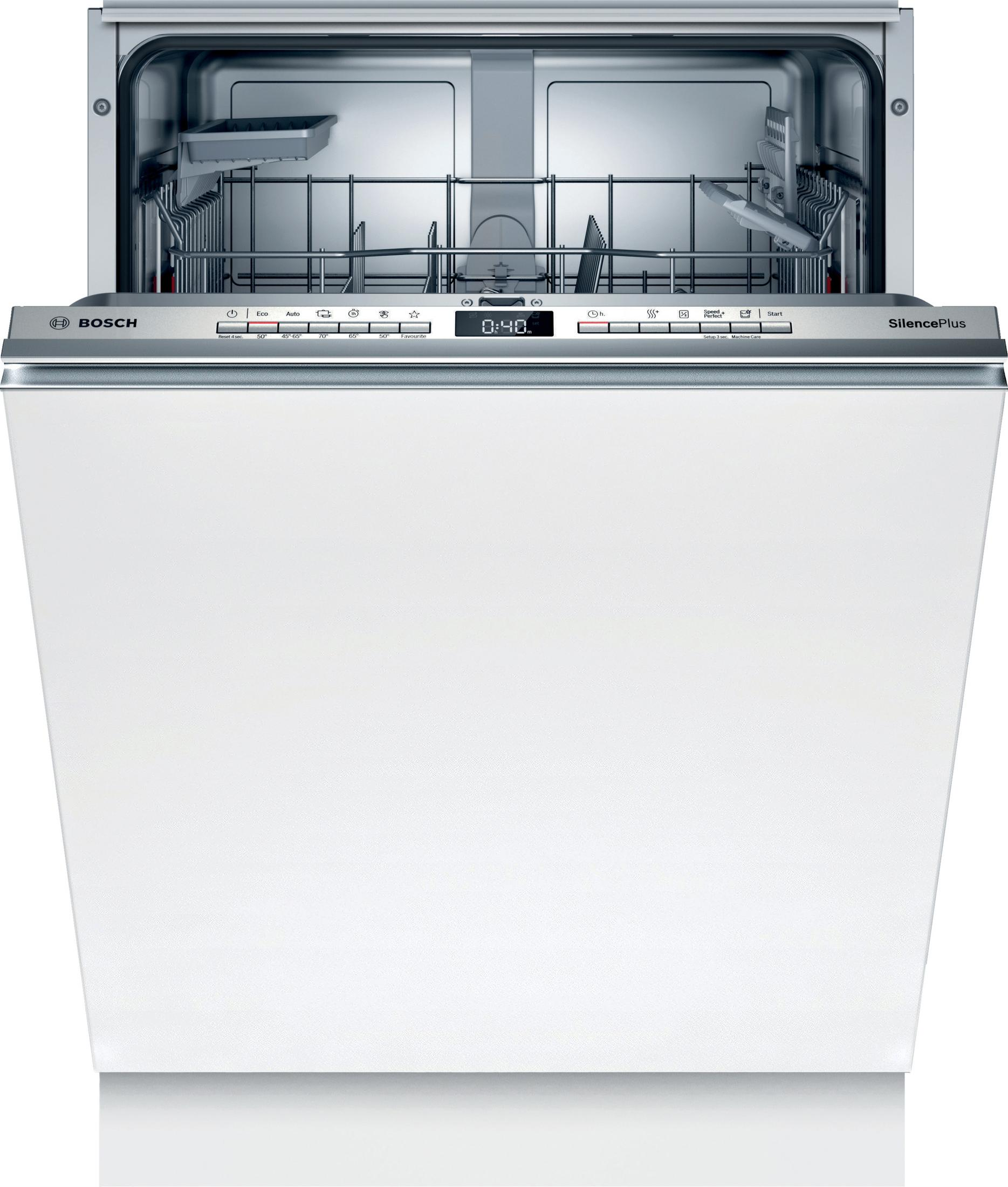 Witte vaatwasser, open deur, roestvrijstalen interieur, digitaal display, merk Bosch.
